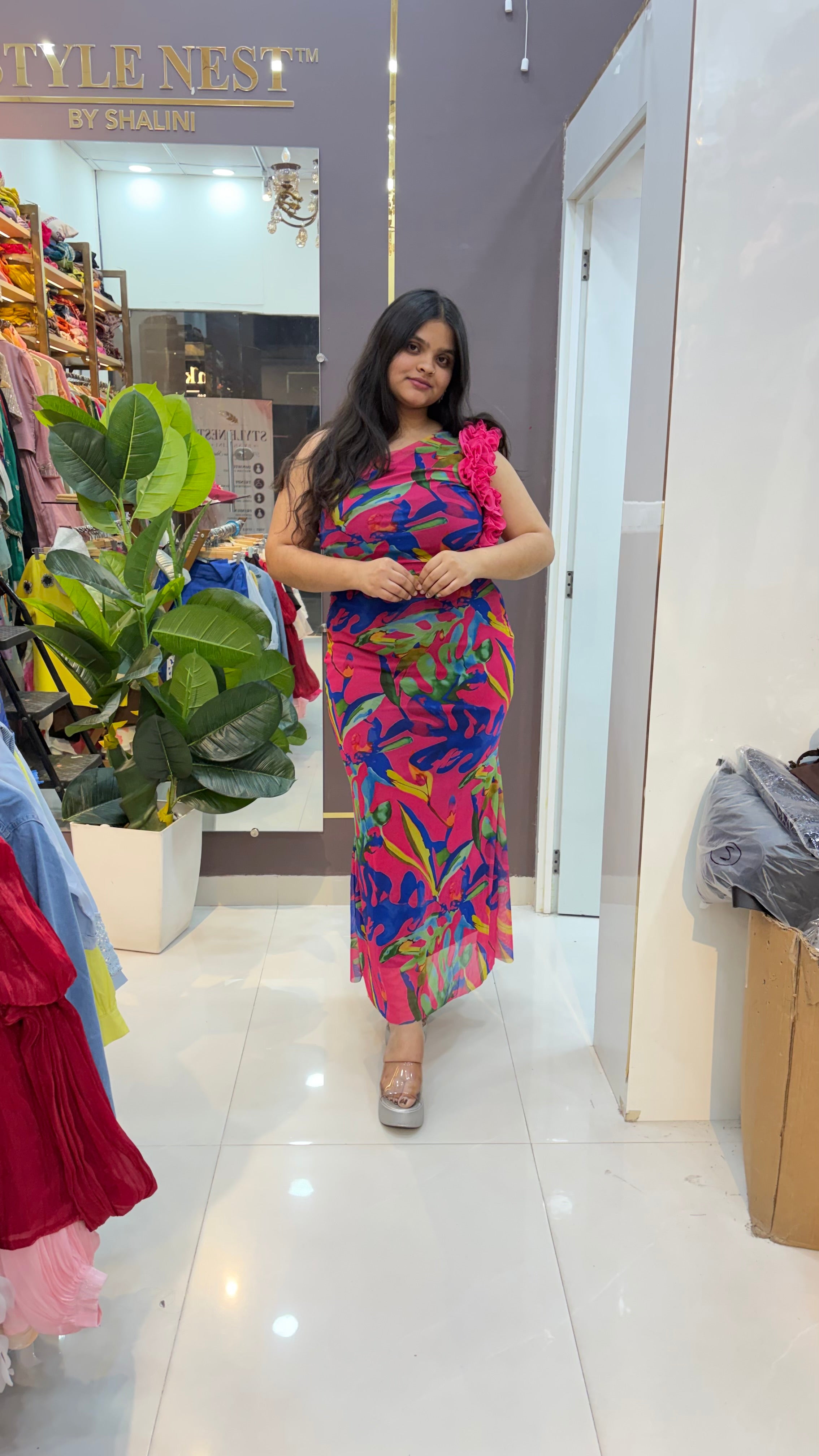 Rosé Bloom One-Shoulder Maxi Dress