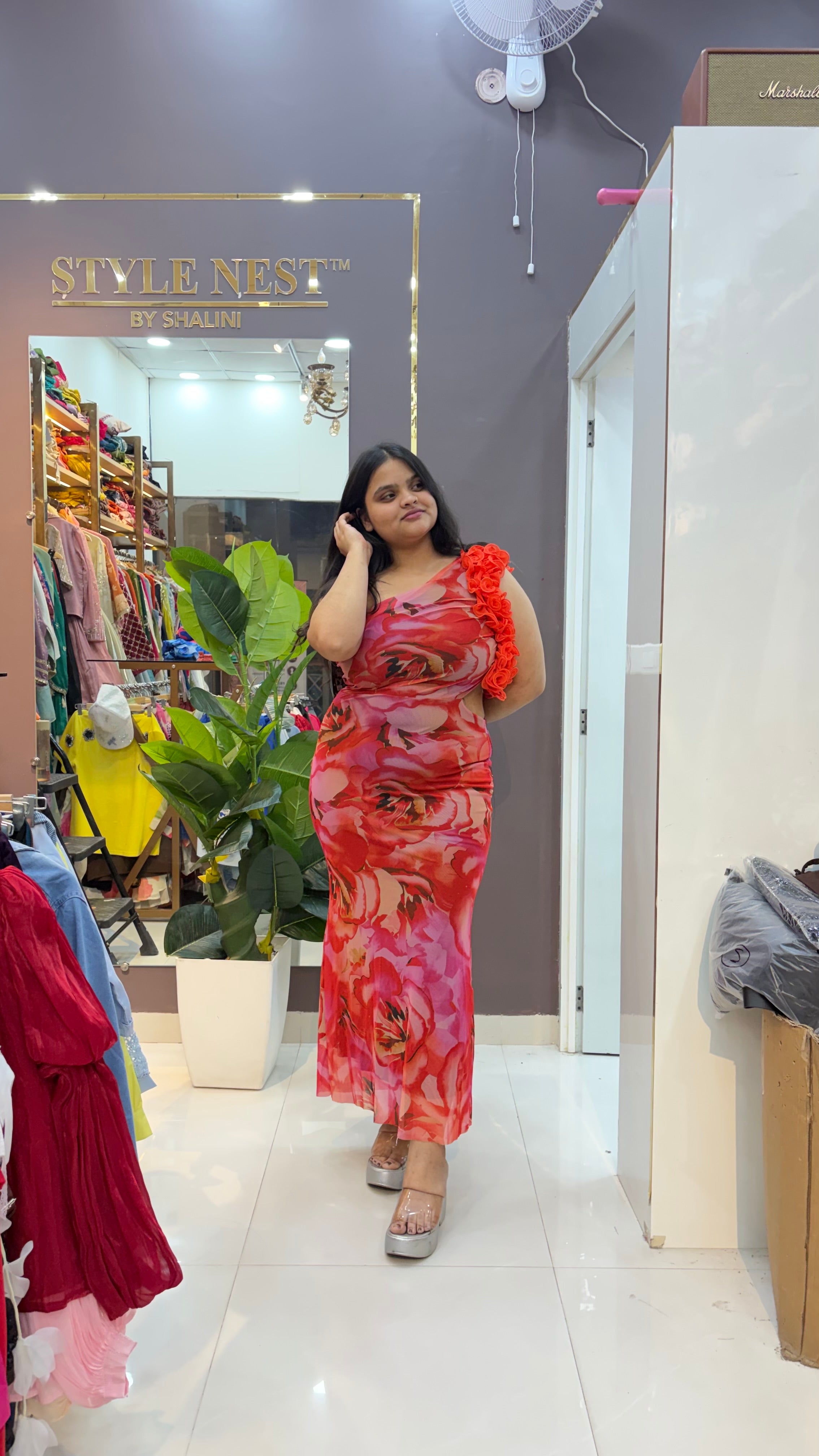 Rosé Bloom One-Shoulder Maxi Dress