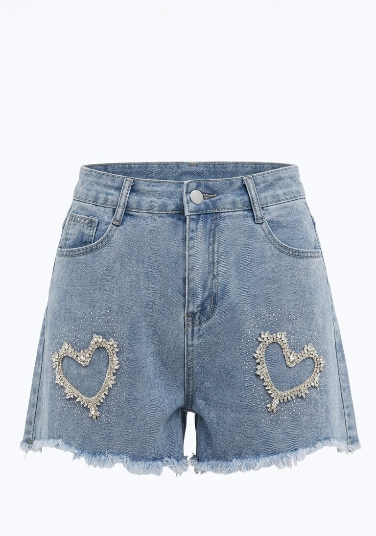 The Crystal Heart Frayed Denim Shorts