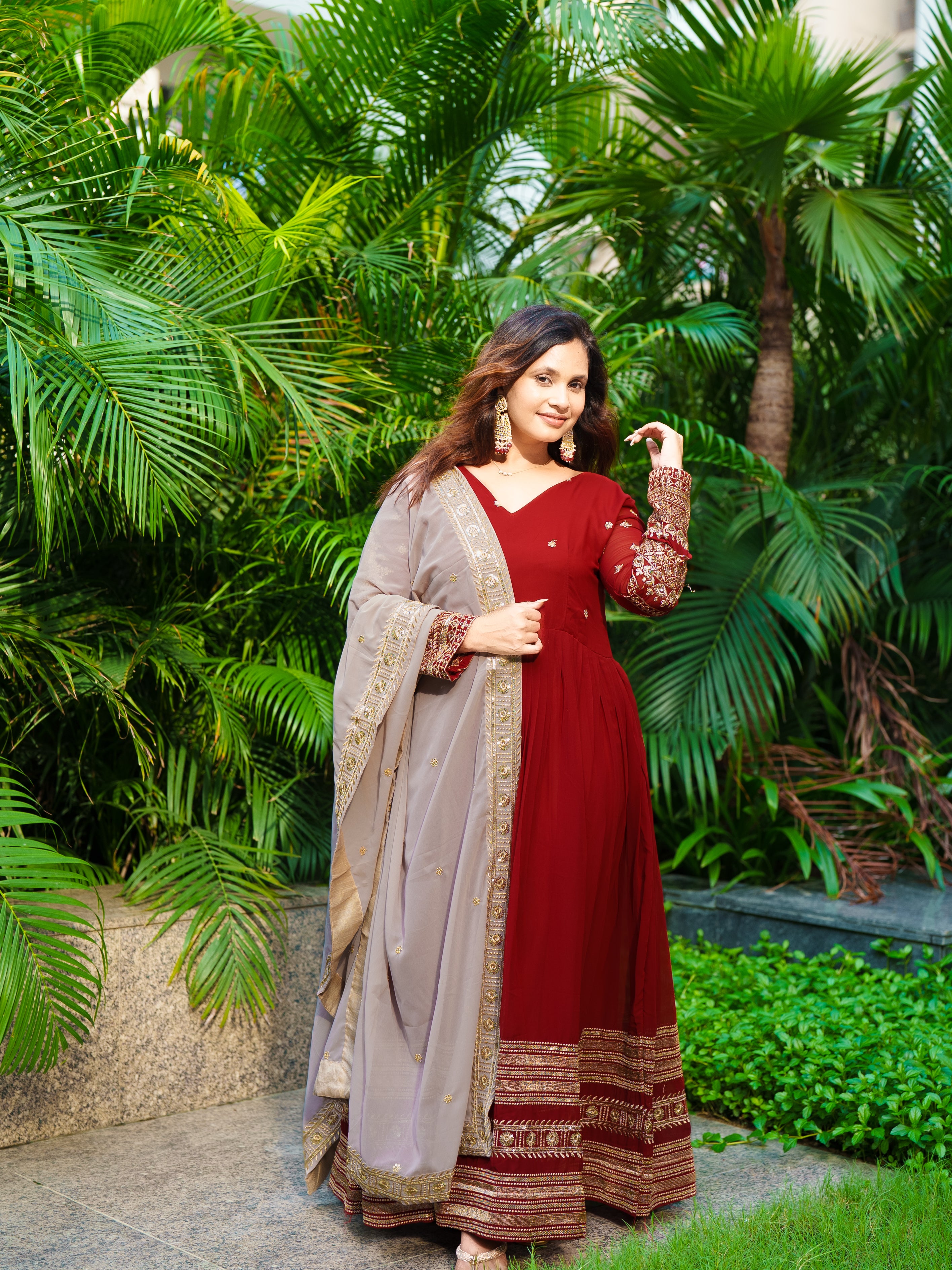 Regal Maroon Embroidered Anarkali with Dupatta