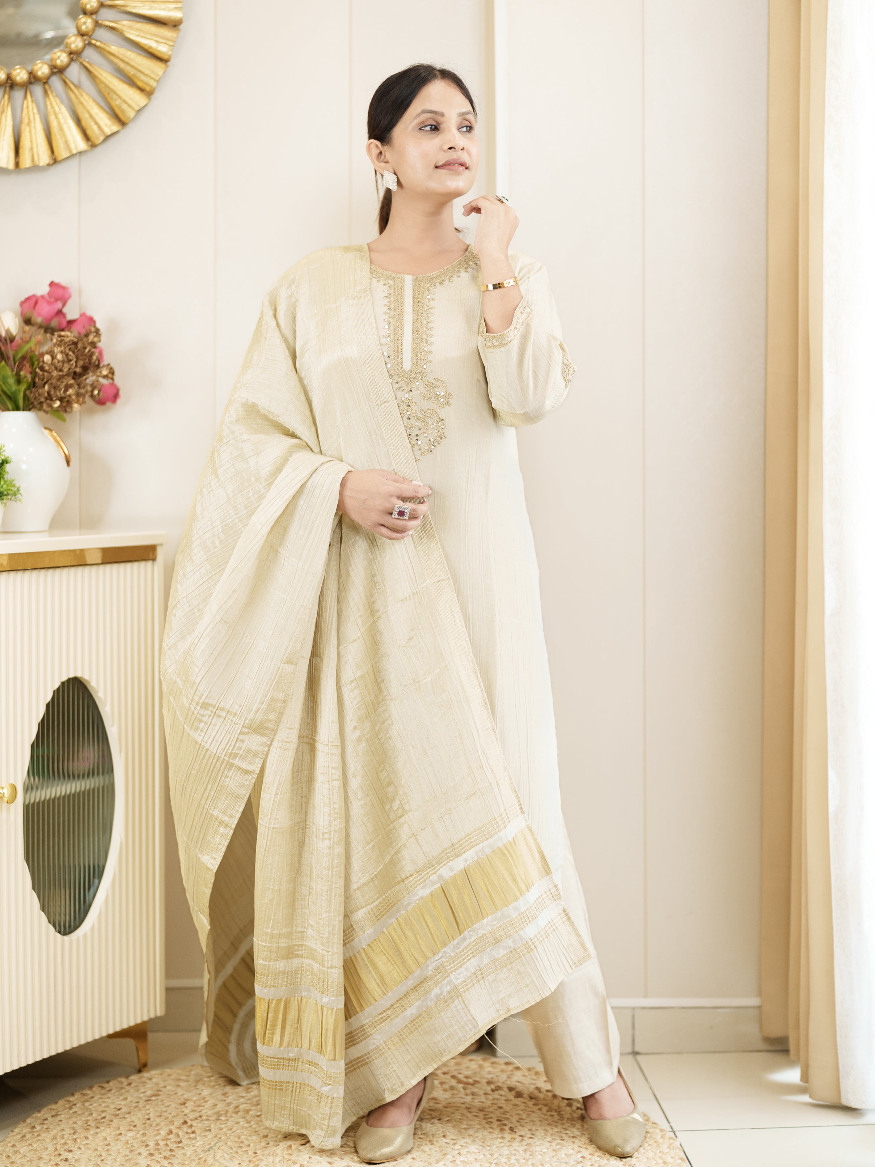 Royal Radiance: Classic Beige Kurta with Golden Touch