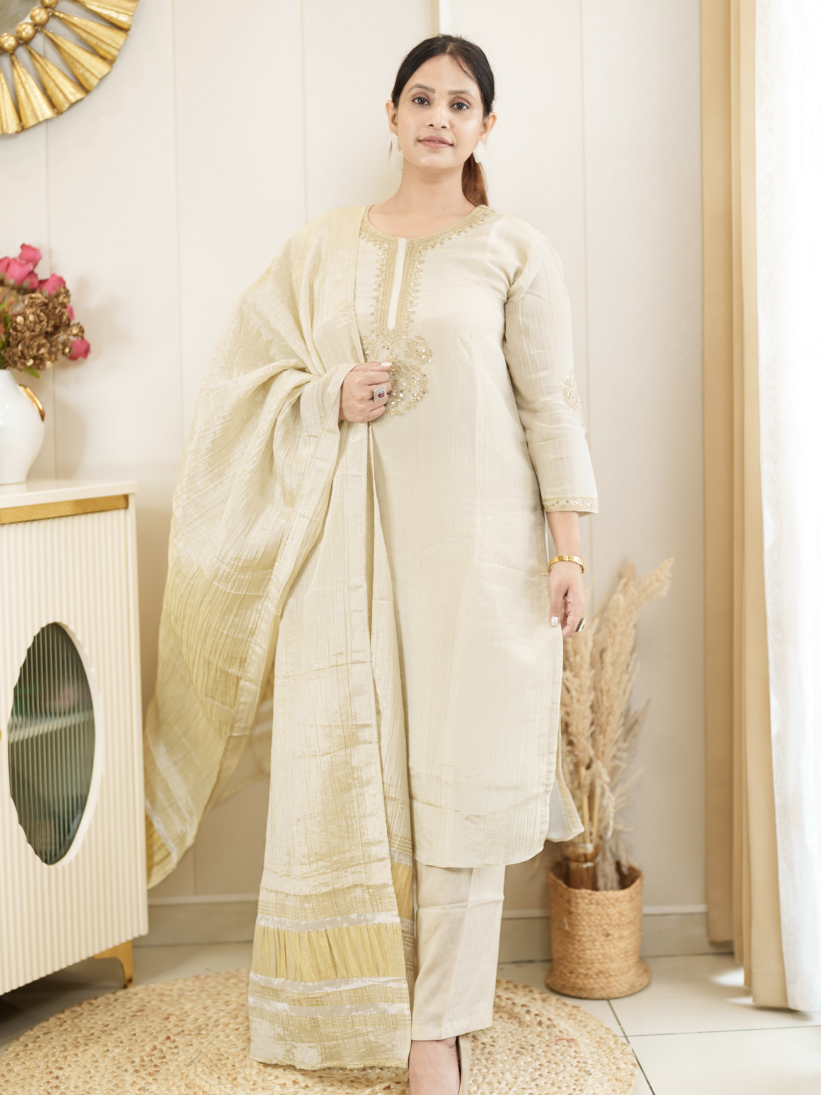 Royal Radiance: Classic Beige Kurta with Golden Touch