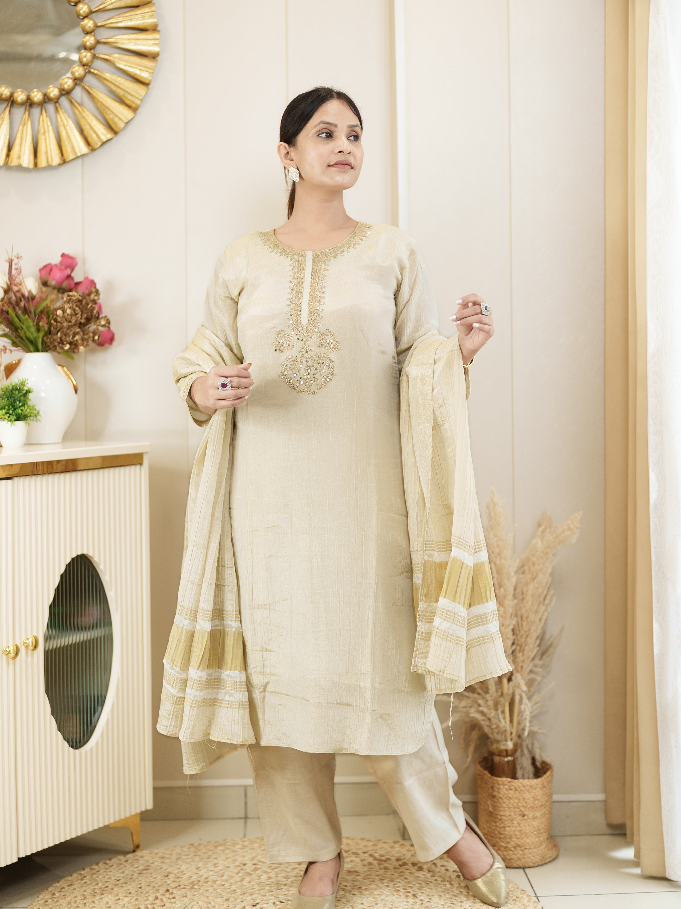 Royal Radiance: Classic Beige Kurta with Golden Touch