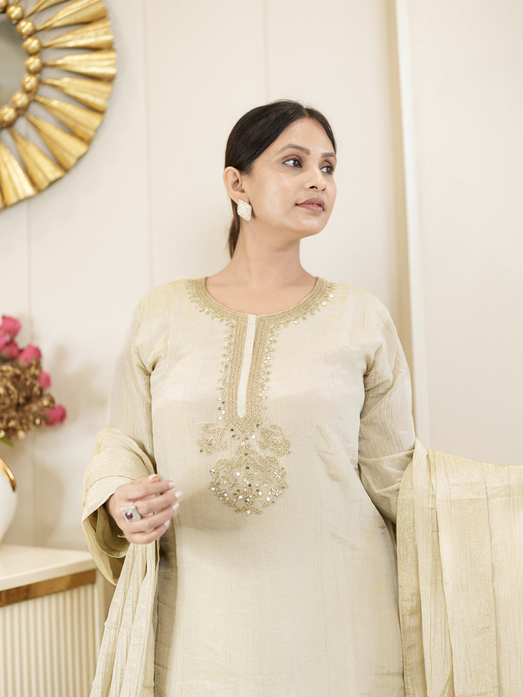 Royal Radiance: Classic Beige Kurta with Golden Touch