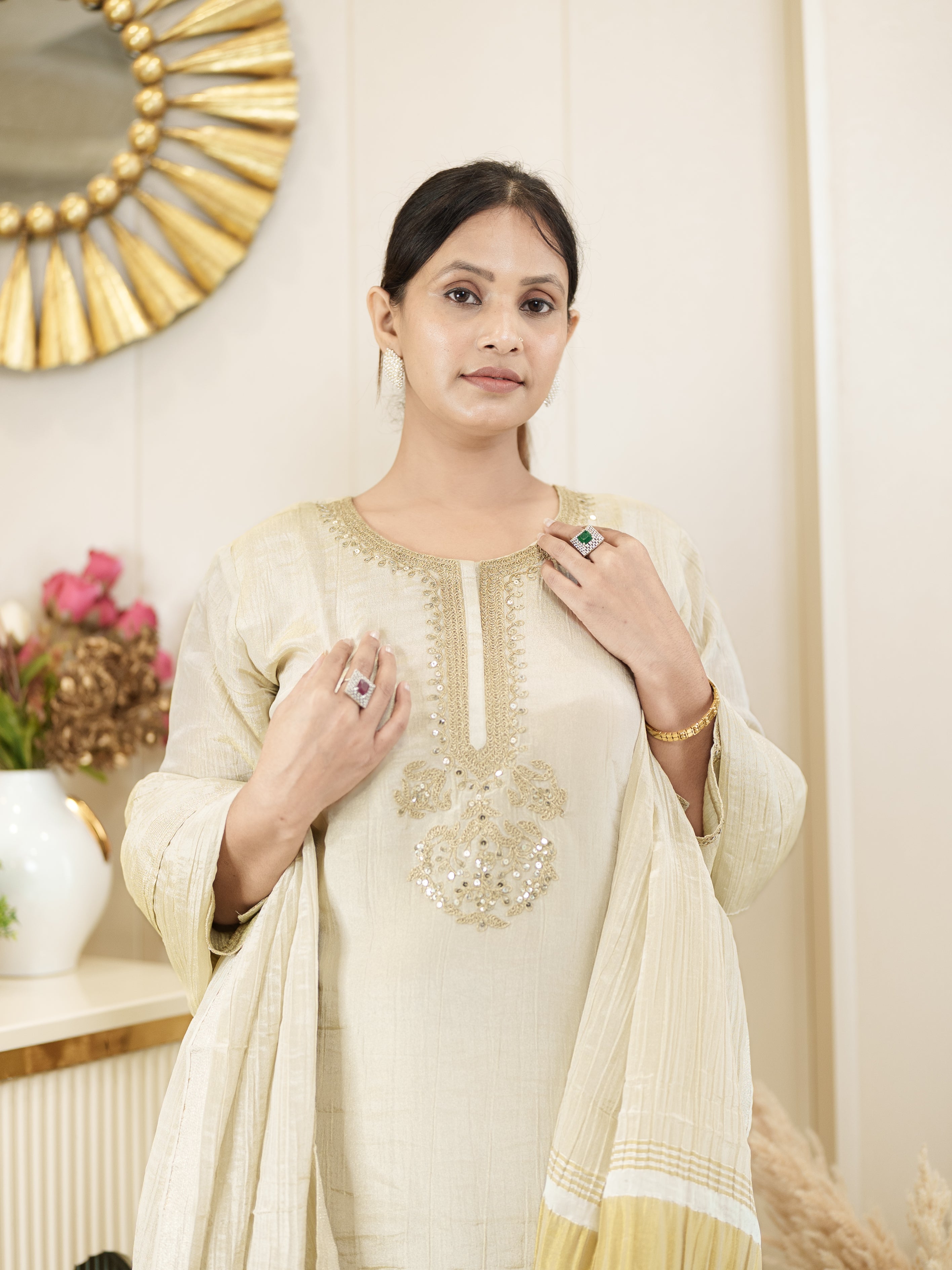 Royal Radiance: Classic Beige Kurta with Golden Touch
