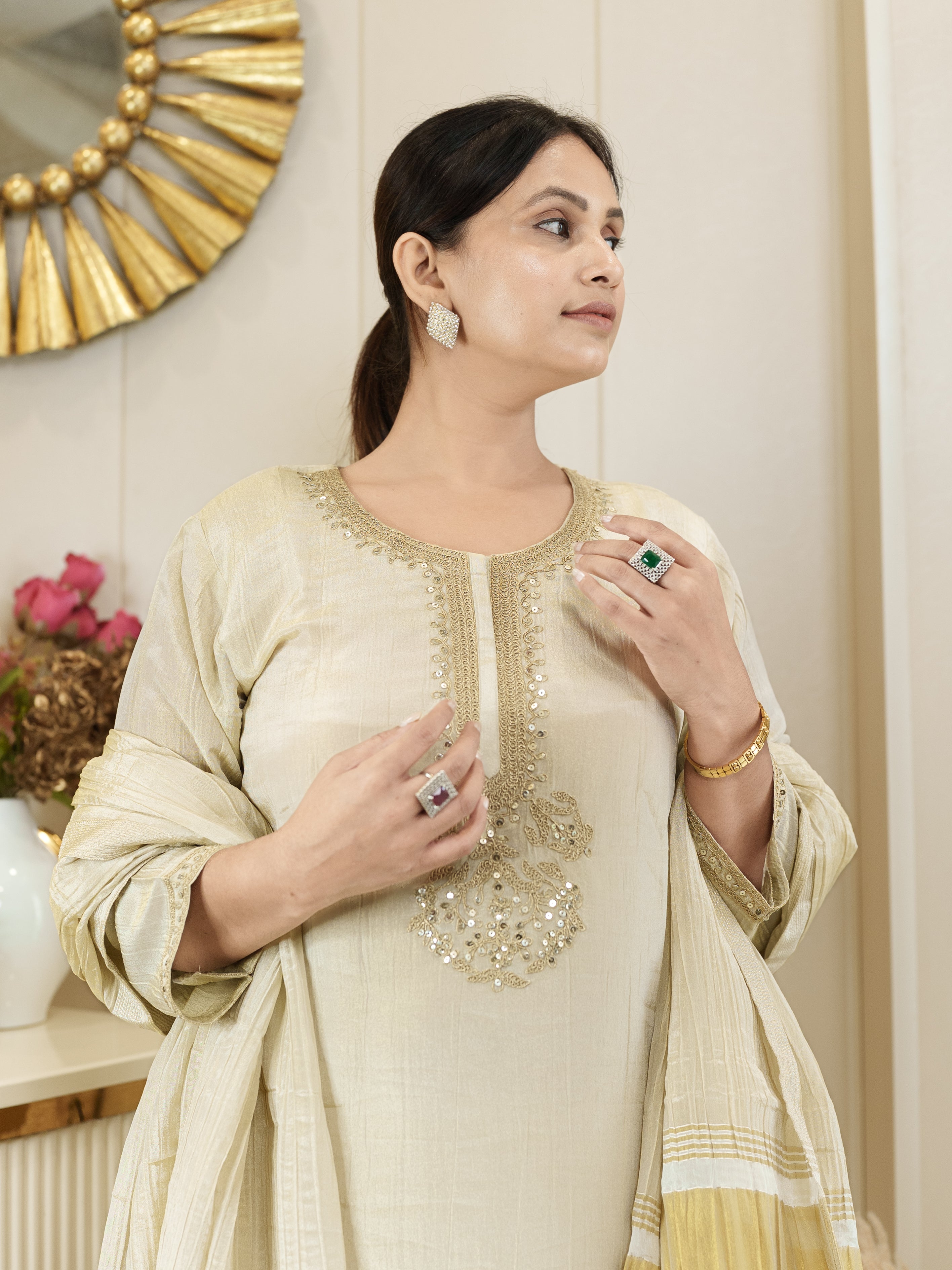 Royal Radiance: Classic Beige Kurta with Golden Touch