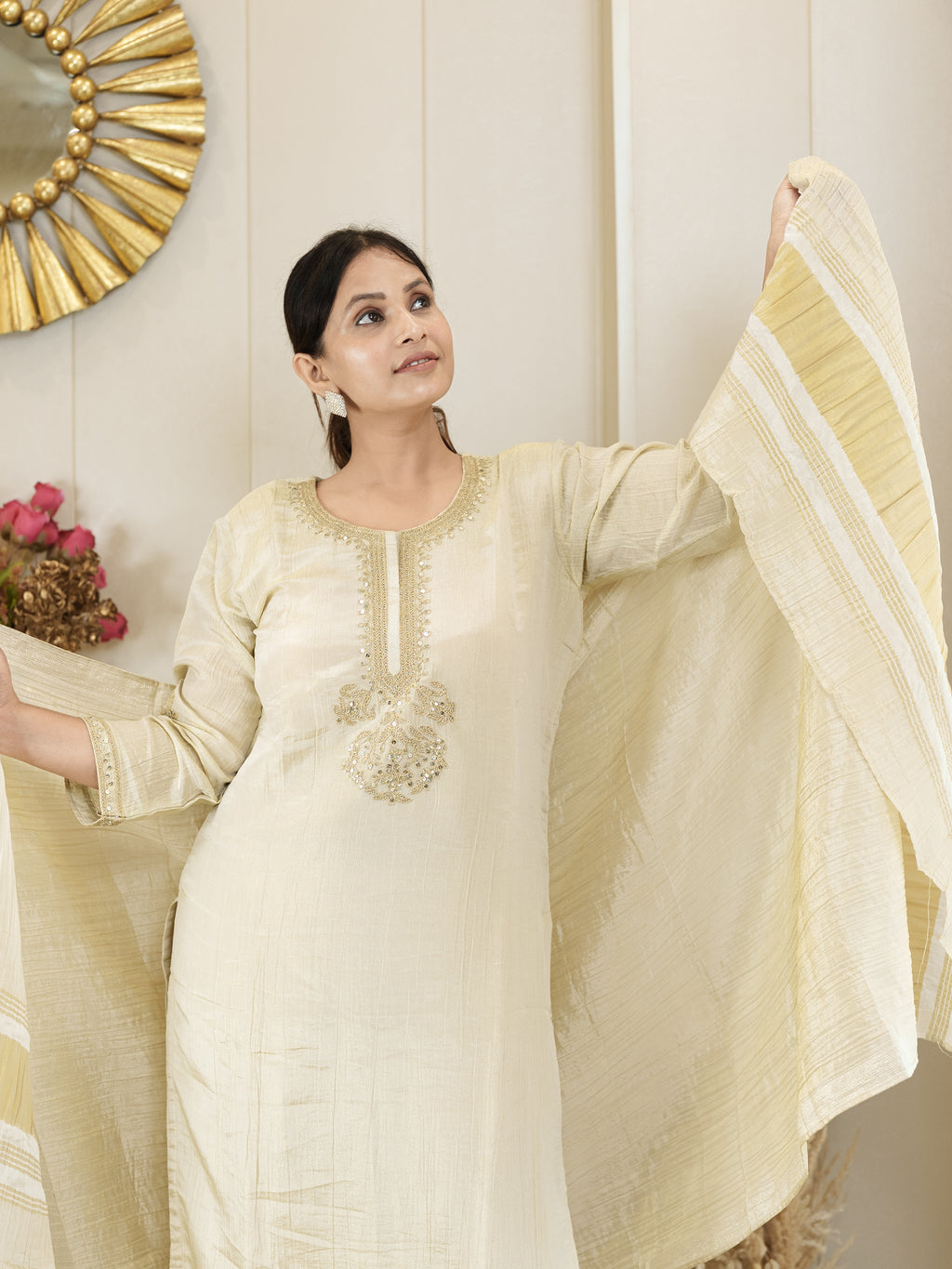 Royal Radiance: Classic Beige Kurta with Golden Touch