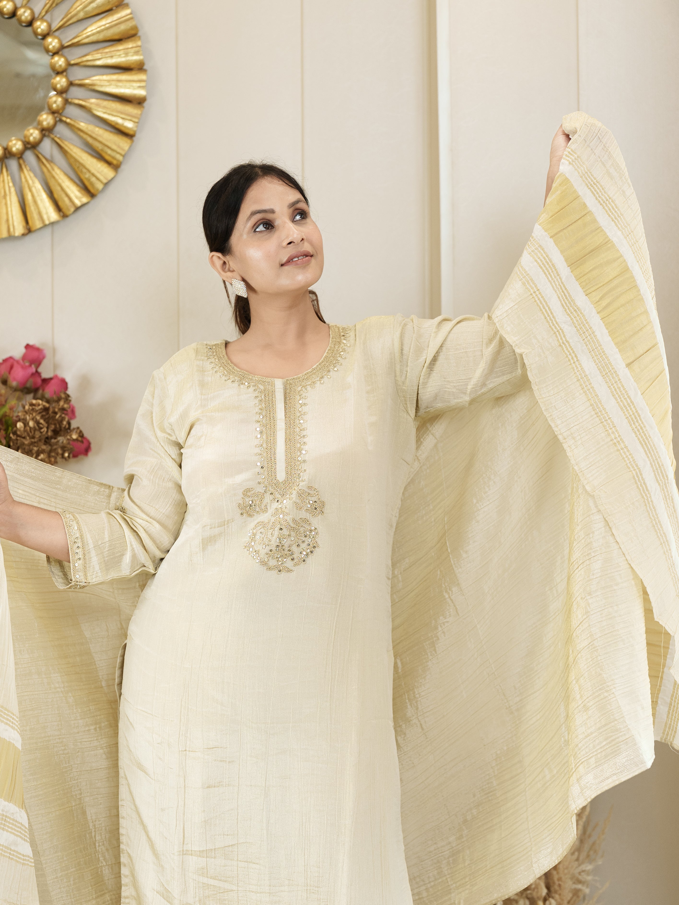 Royal Radiance: Classic Beige Kurta with Golden Touch