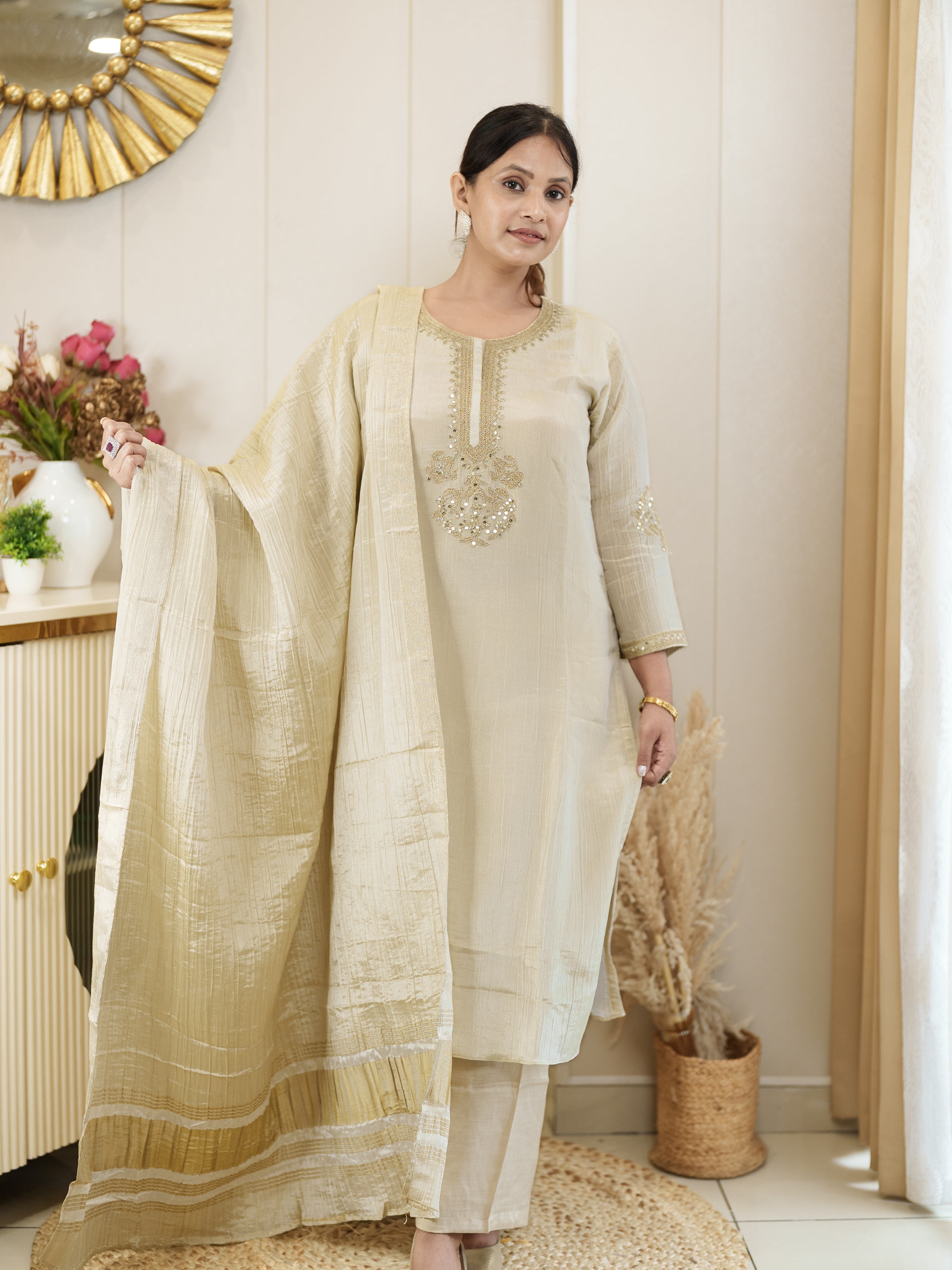 Royal Radiance: Classic Beige Kurta with Golden Touch