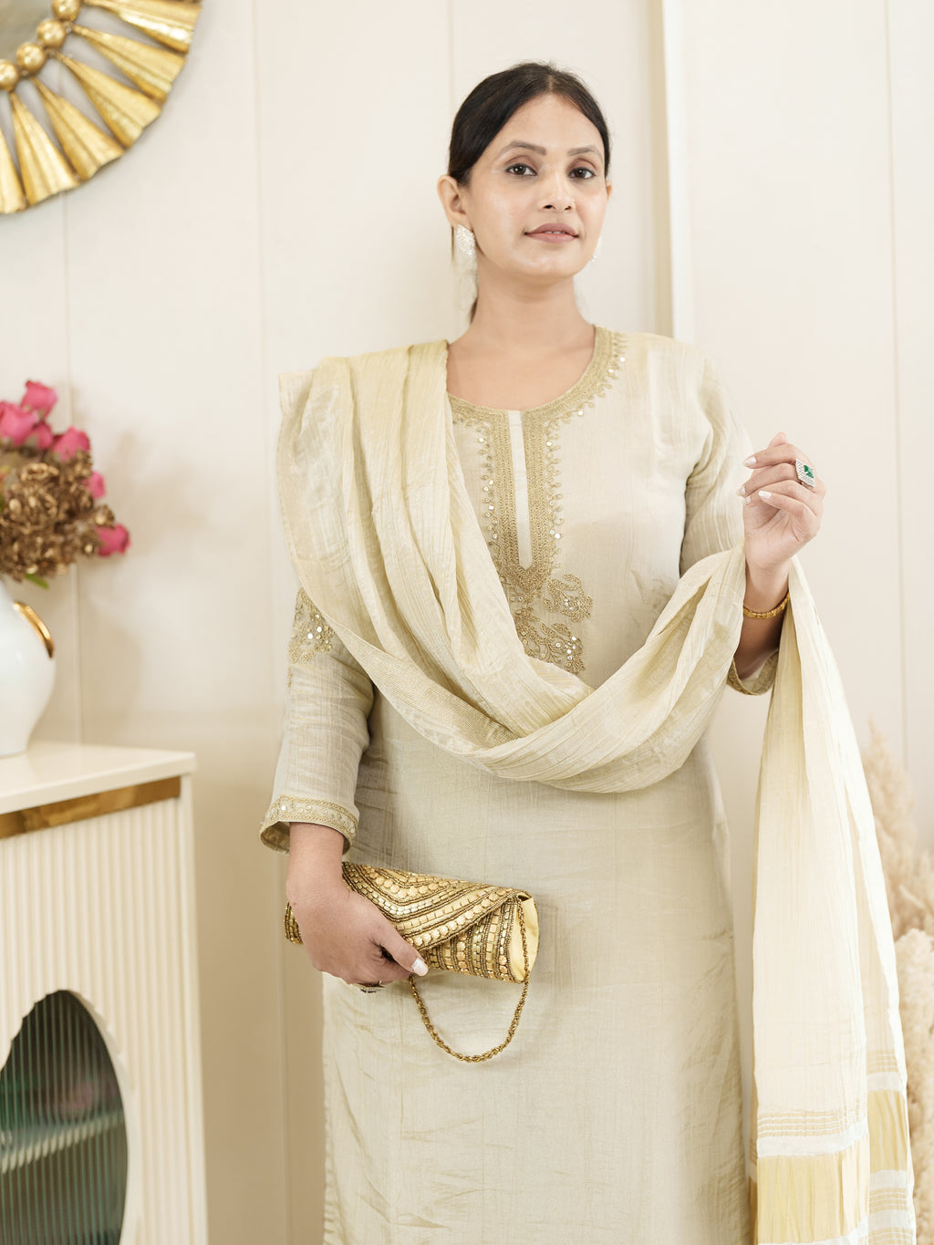 Royal Radiance: Classic Beige Kurta with Golden Touch