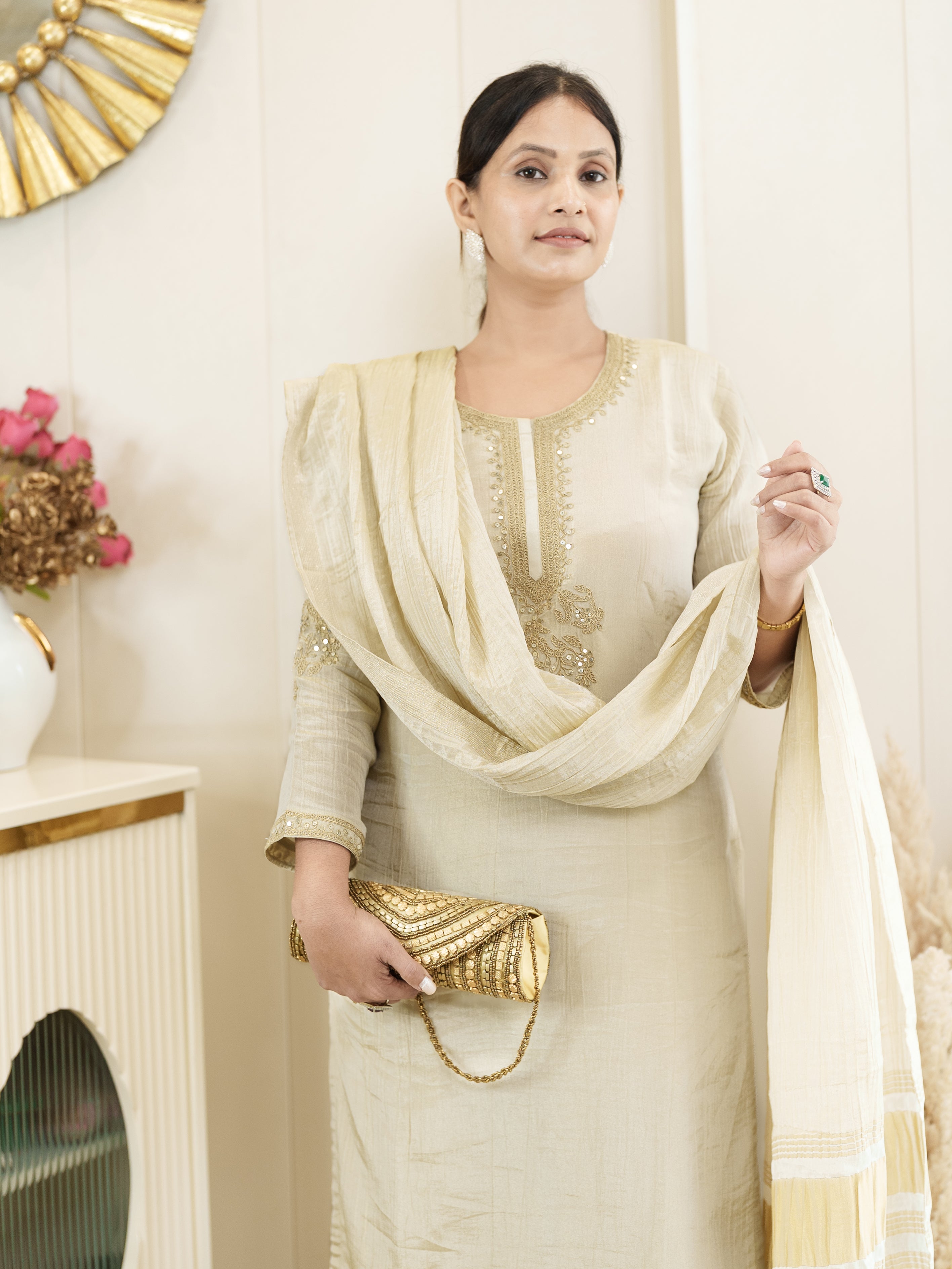 Royal Radiance: Classic Beige Kurta with Golden Touch