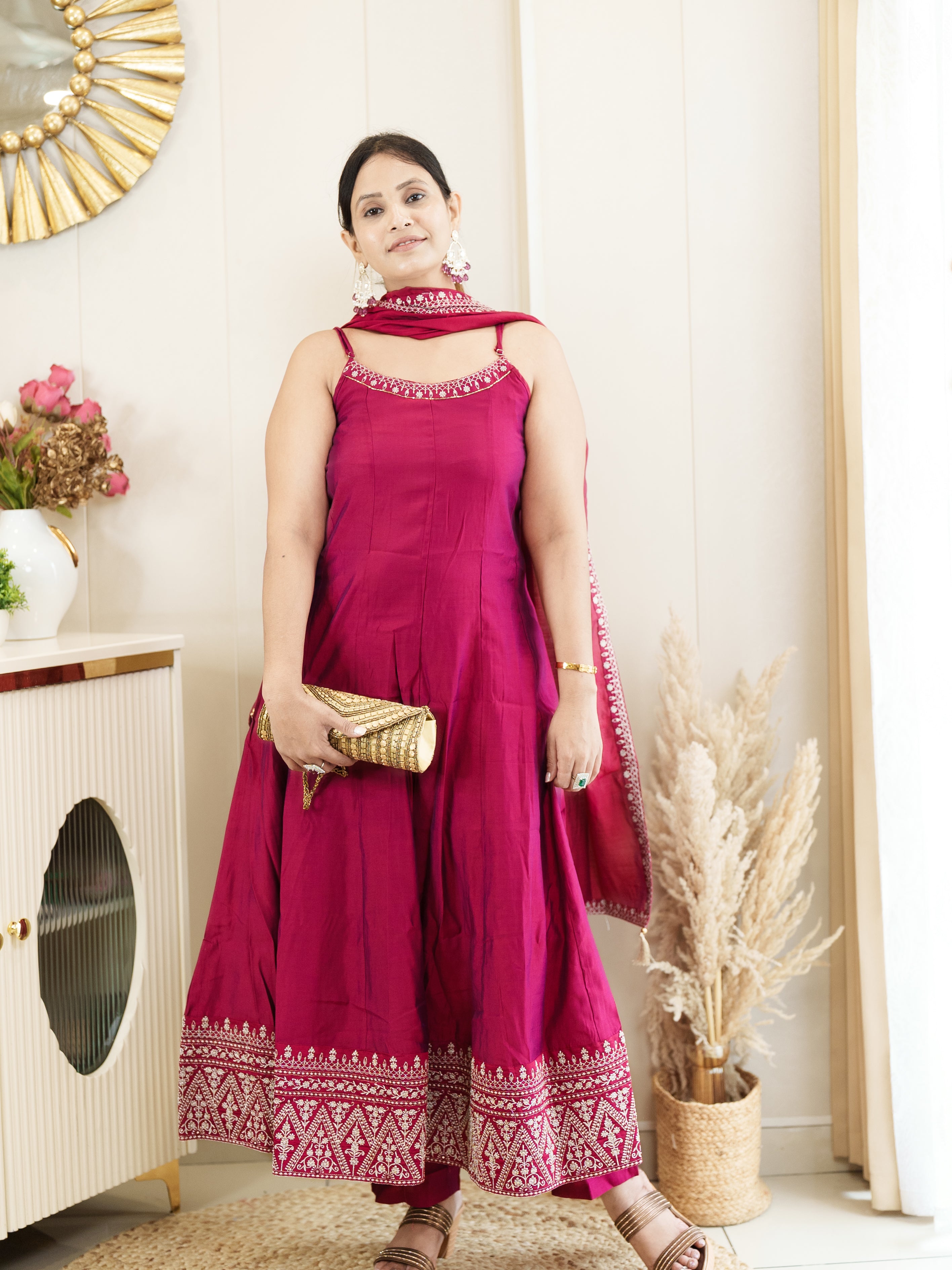 Rani Color Anarkali Kurta Set with Embroidered Hem & Dupatta – Festive Ethnic Wear