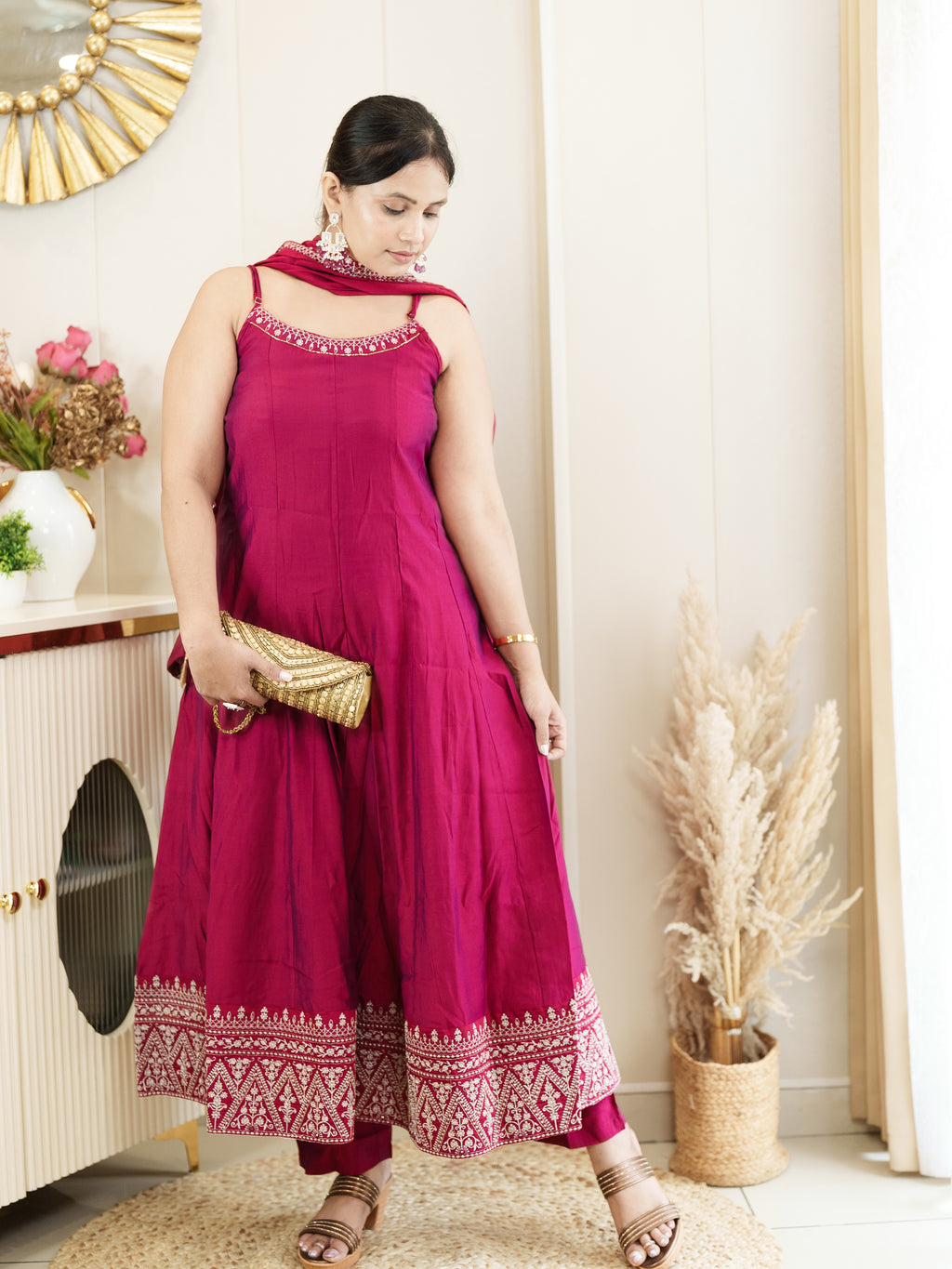 Rani Color Anarkali Kurta Set with Embroidered Hem & Dupatta – Festive Ethnic Wear