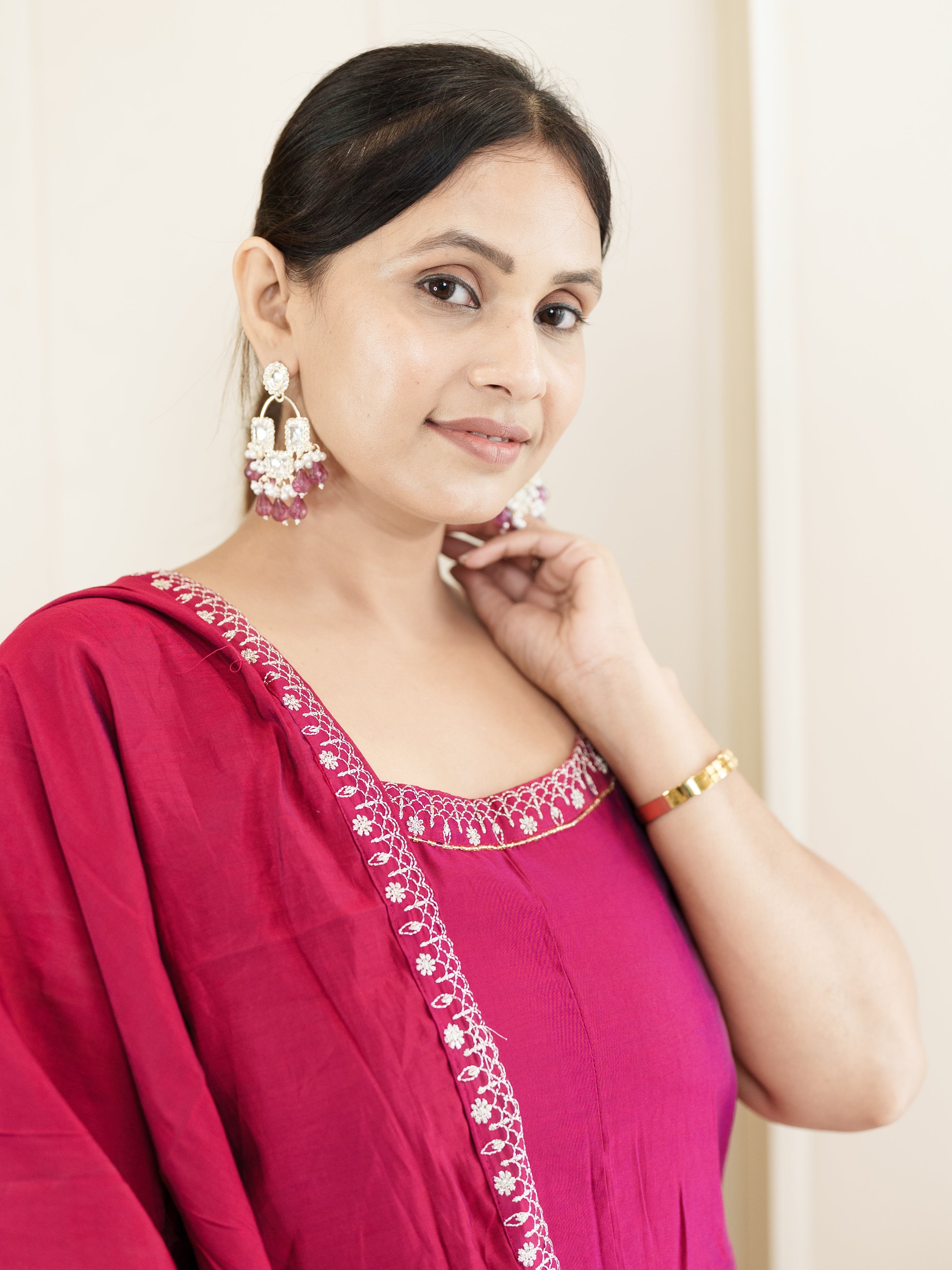Rani Color Anarkali Kurta Set with Embroidered Hem & Dupatta – Festive Ethnic Wear
