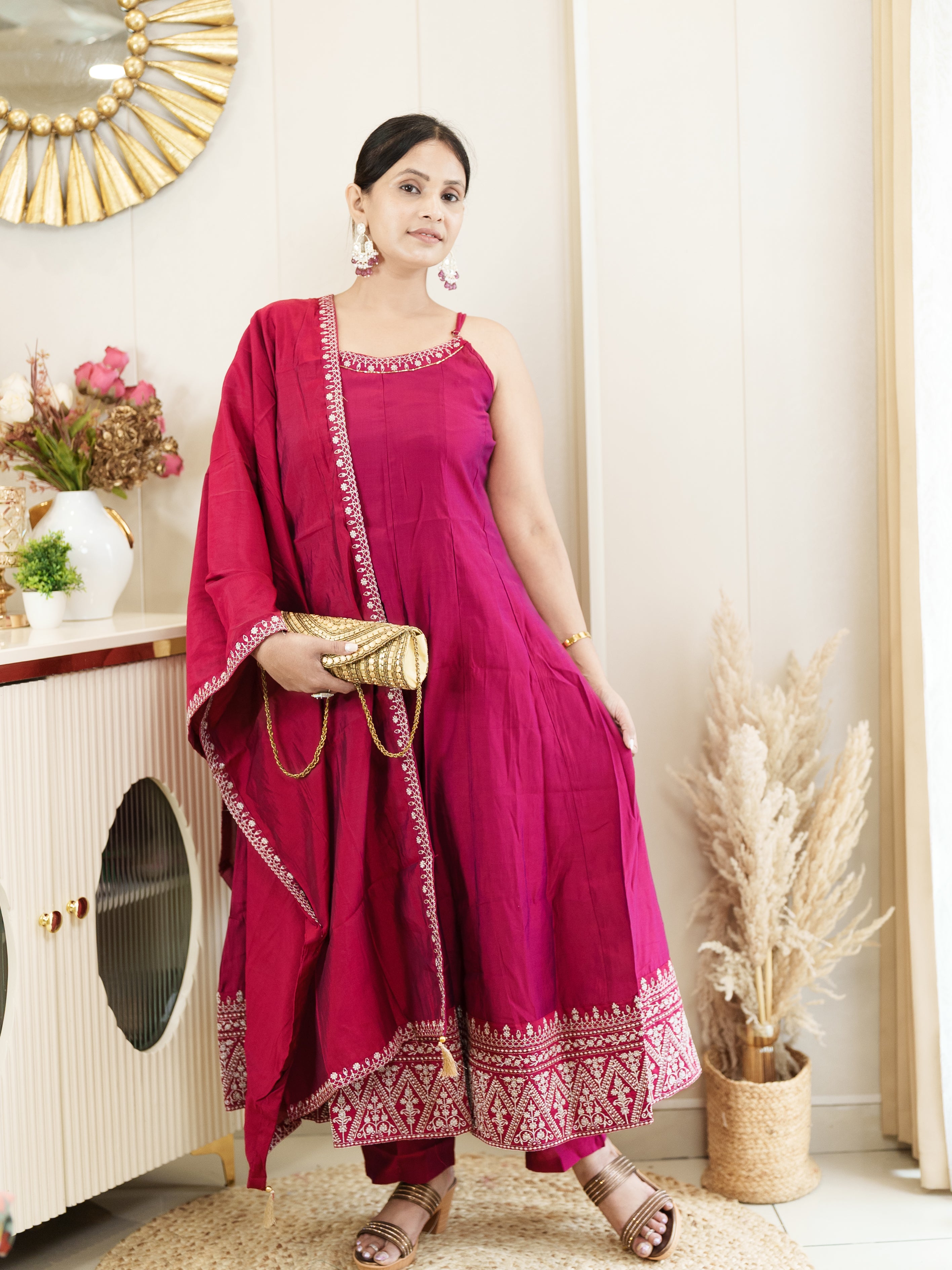 Rani Color Anarkali Kurta Set with Embroidered Hem & Dupatta – Festive Ethnic Wear