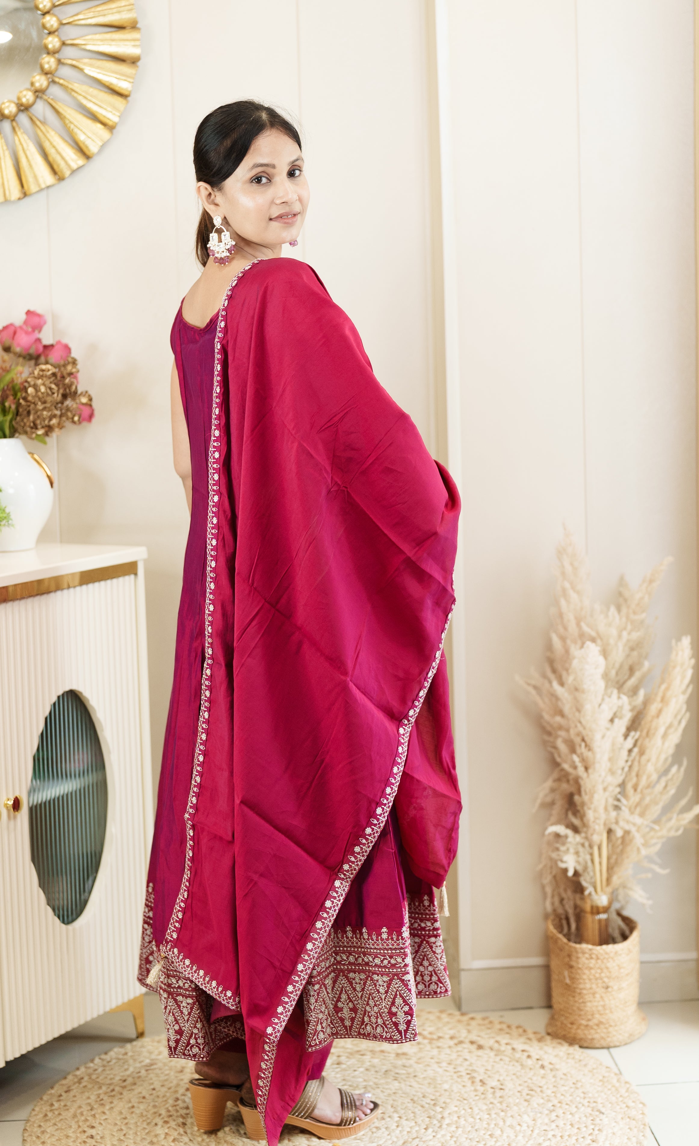 Rani Color Anarkali Kurta Set with Embroidered Hem & Dupatta – Festive Ethnic Wear