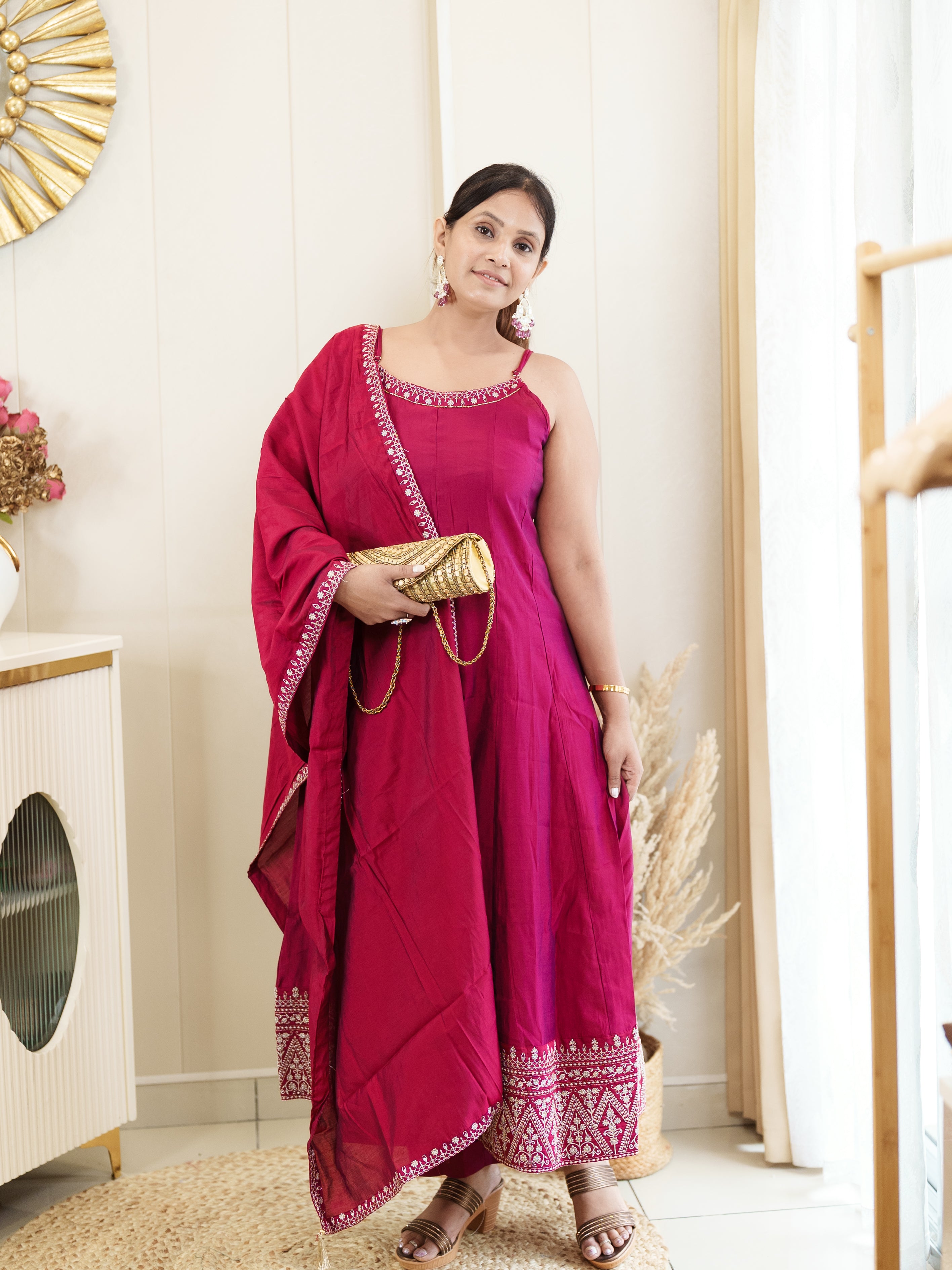 Rani Color Anarkali Kurta Set with Embroidered Hem & Dupatta – Festive Ethnic Wear