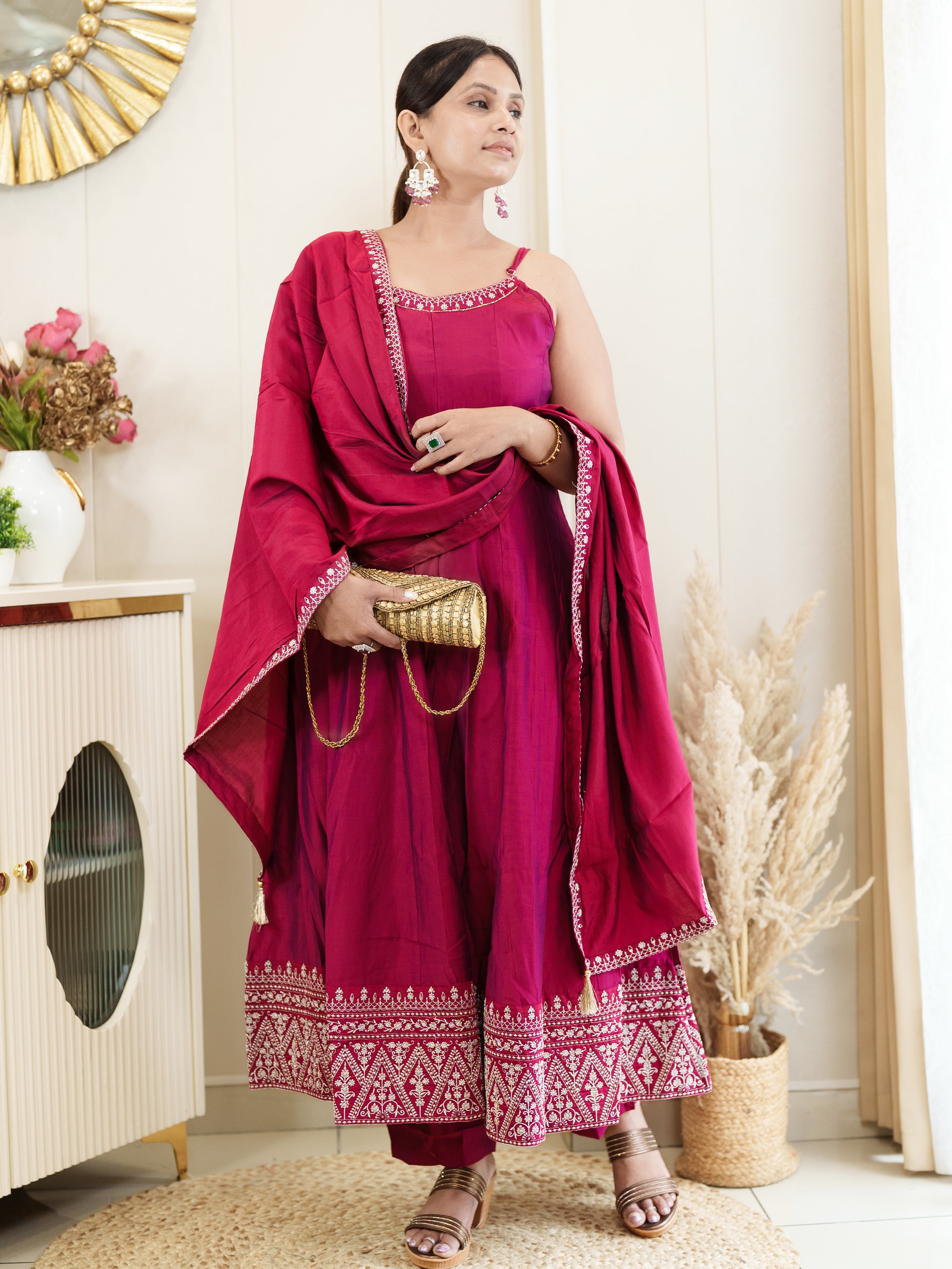 Rani Color Anarkali Kurta Set with Embroidered Hem & Dupatta – Festive Ethnic Wear