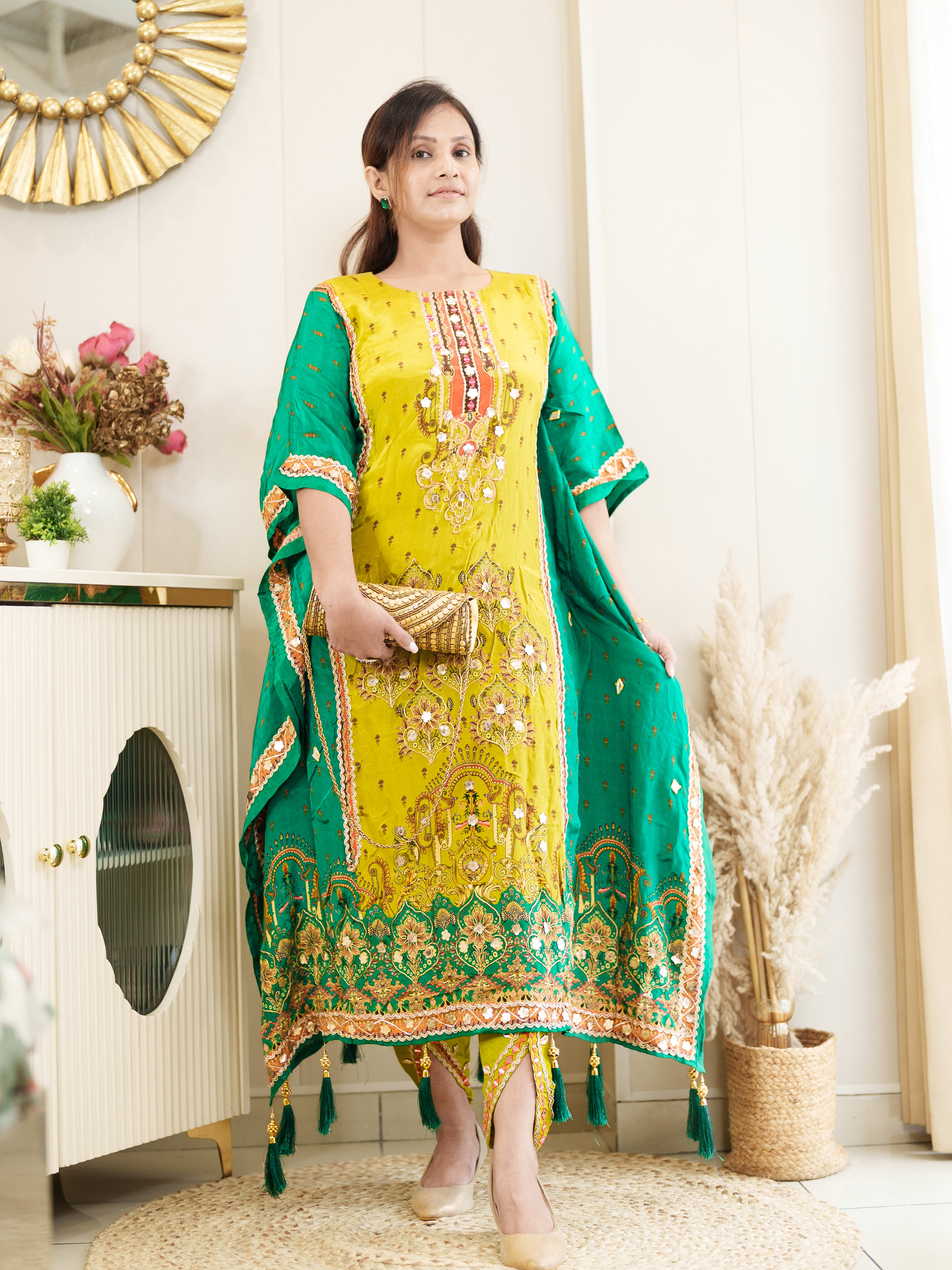 Lime Yellow & Green Embroidered Kaftan Set with Mirror Work – Festive & Party Wear