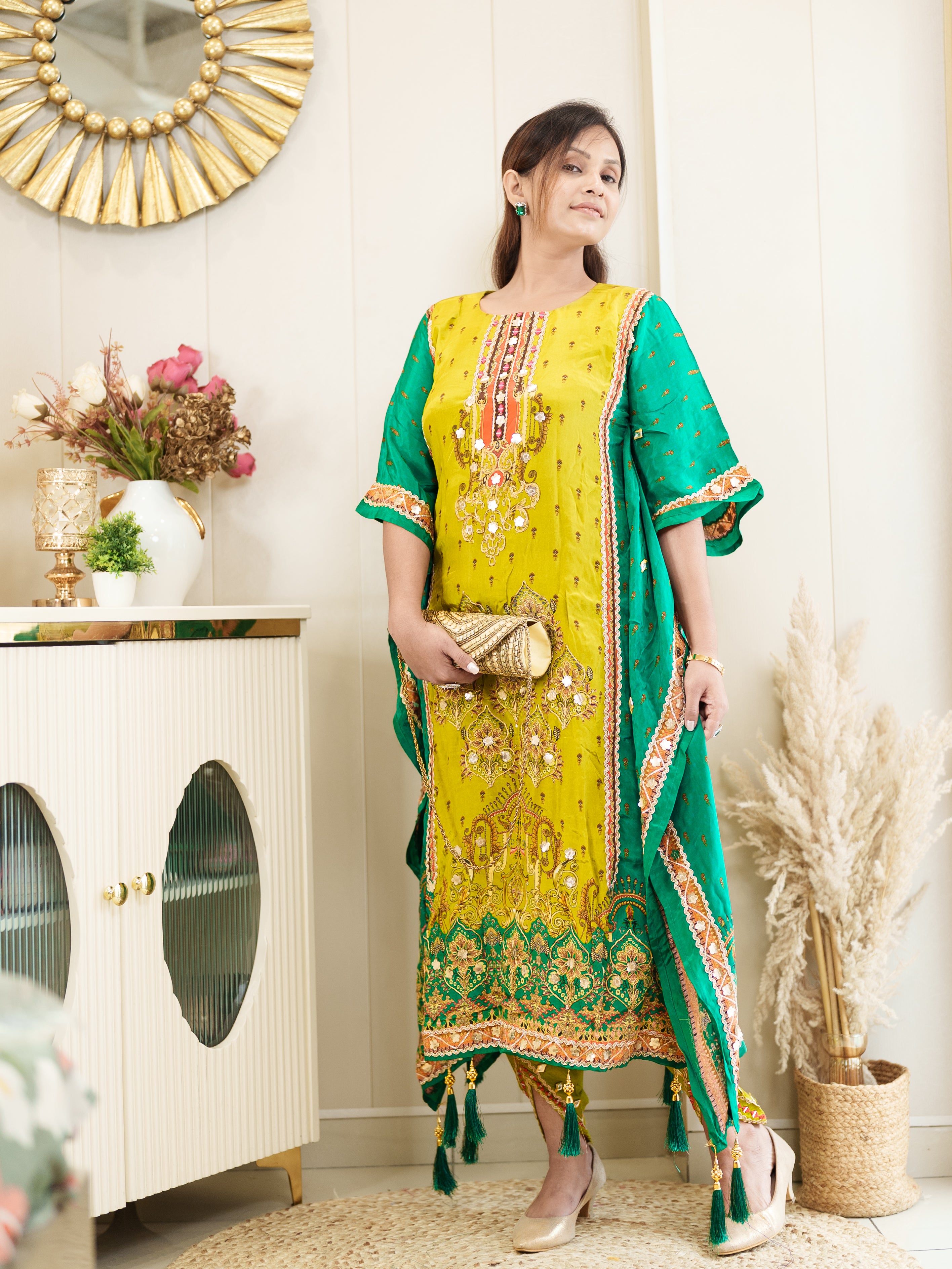 Lime Yellow & Green Embroidered Kaftan Set with Mirror Work – Festive & Party Wear