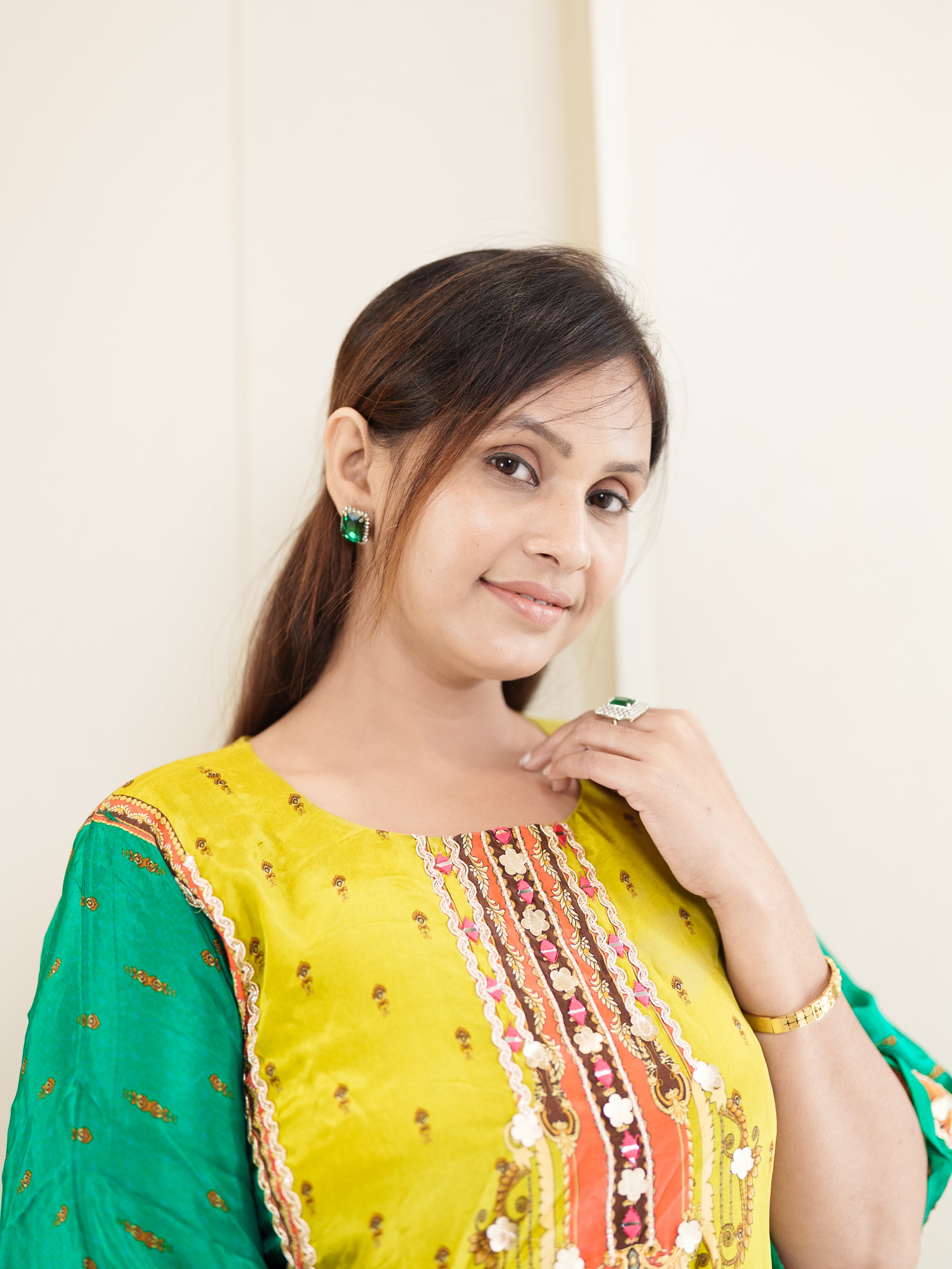 Lime Yellow & Green Embroidered Kaftan Set with Mirror Work – Festive & Party Wear