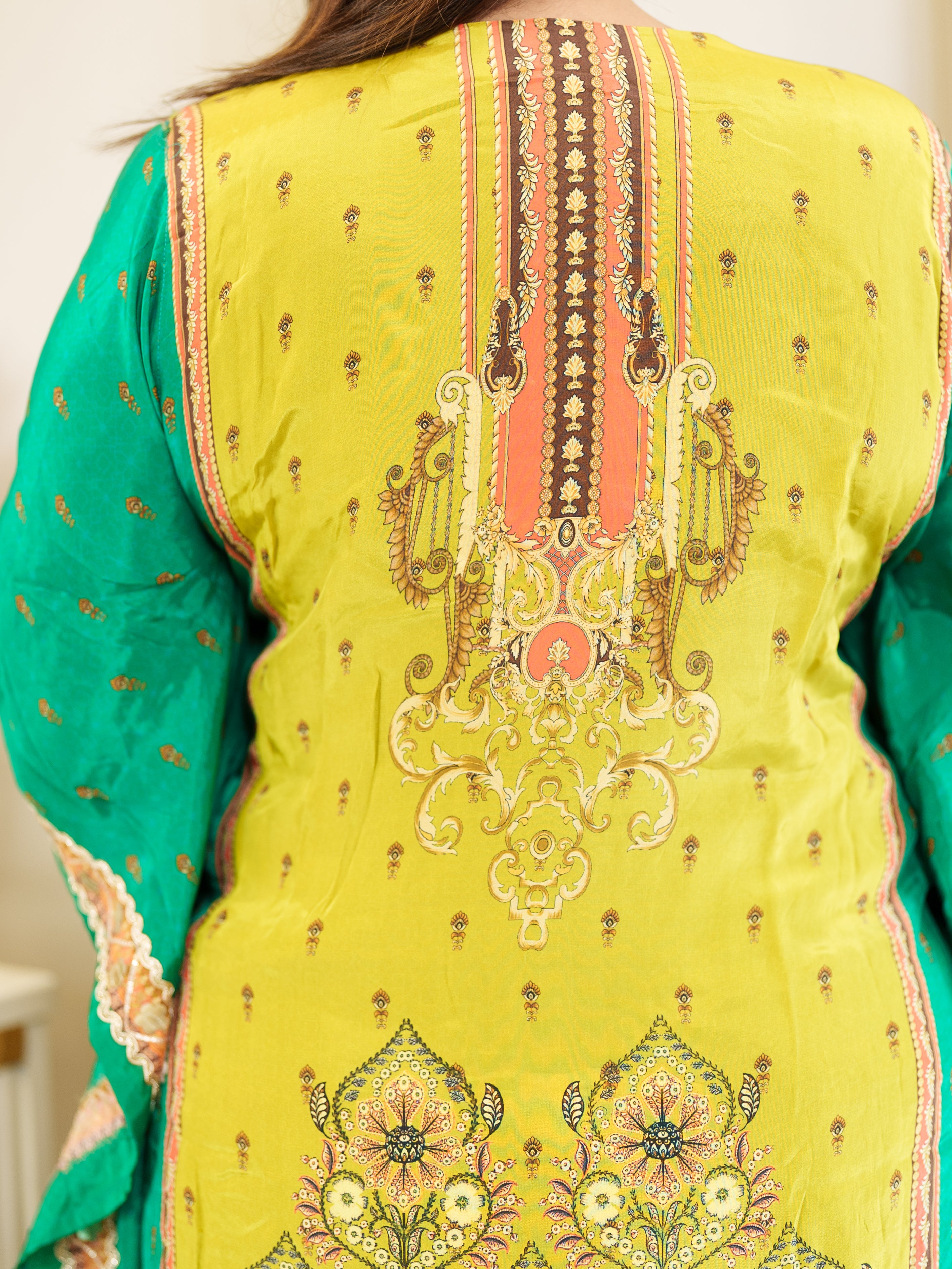 Lime Yellow & Green Embroidered Kaftan Set with Mirror Work – Festive & Party Wear