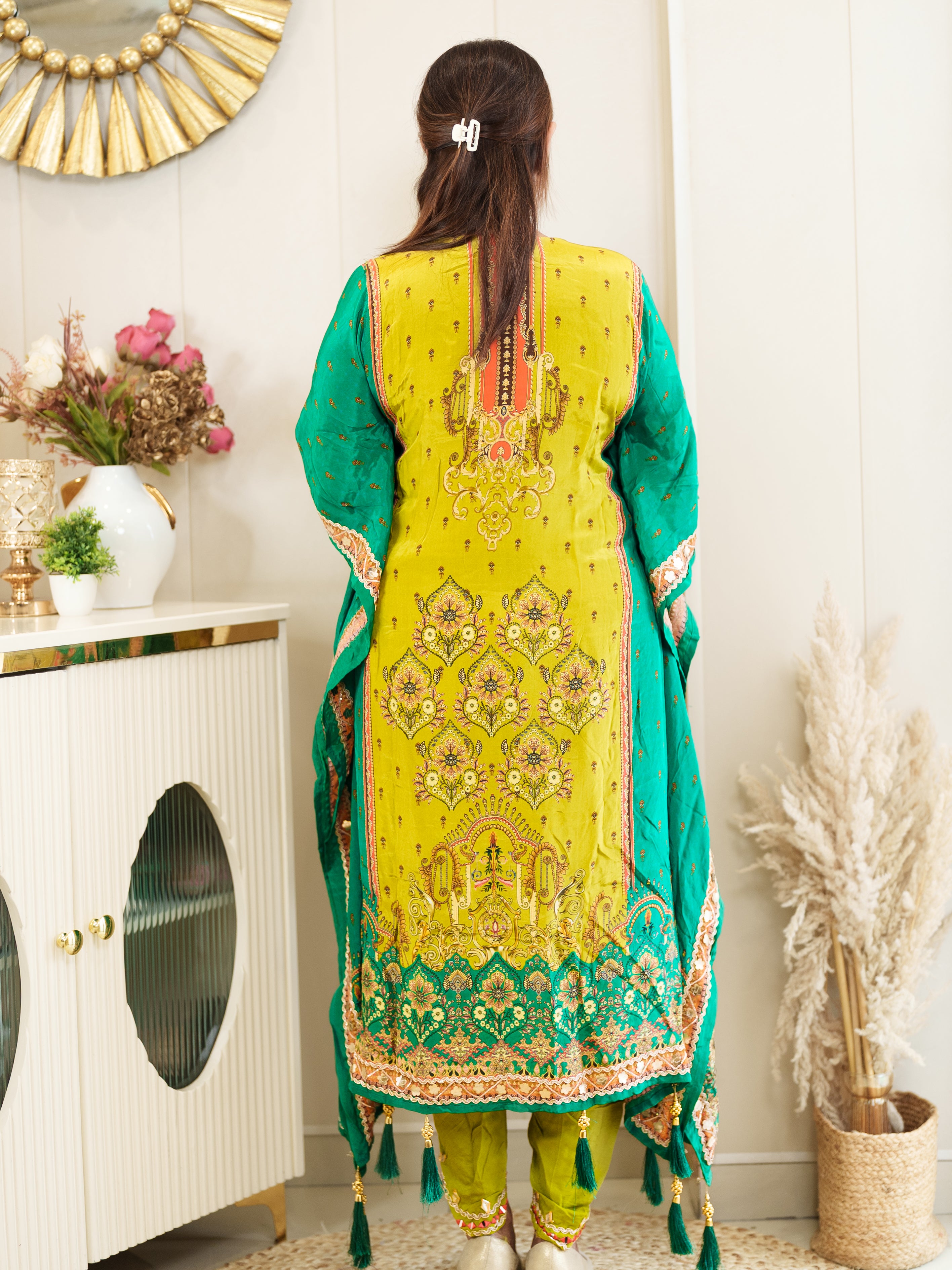 Lime Yellow & Green Embroidered Kaftan Set with Mirror Work – Festive & Party Wear
