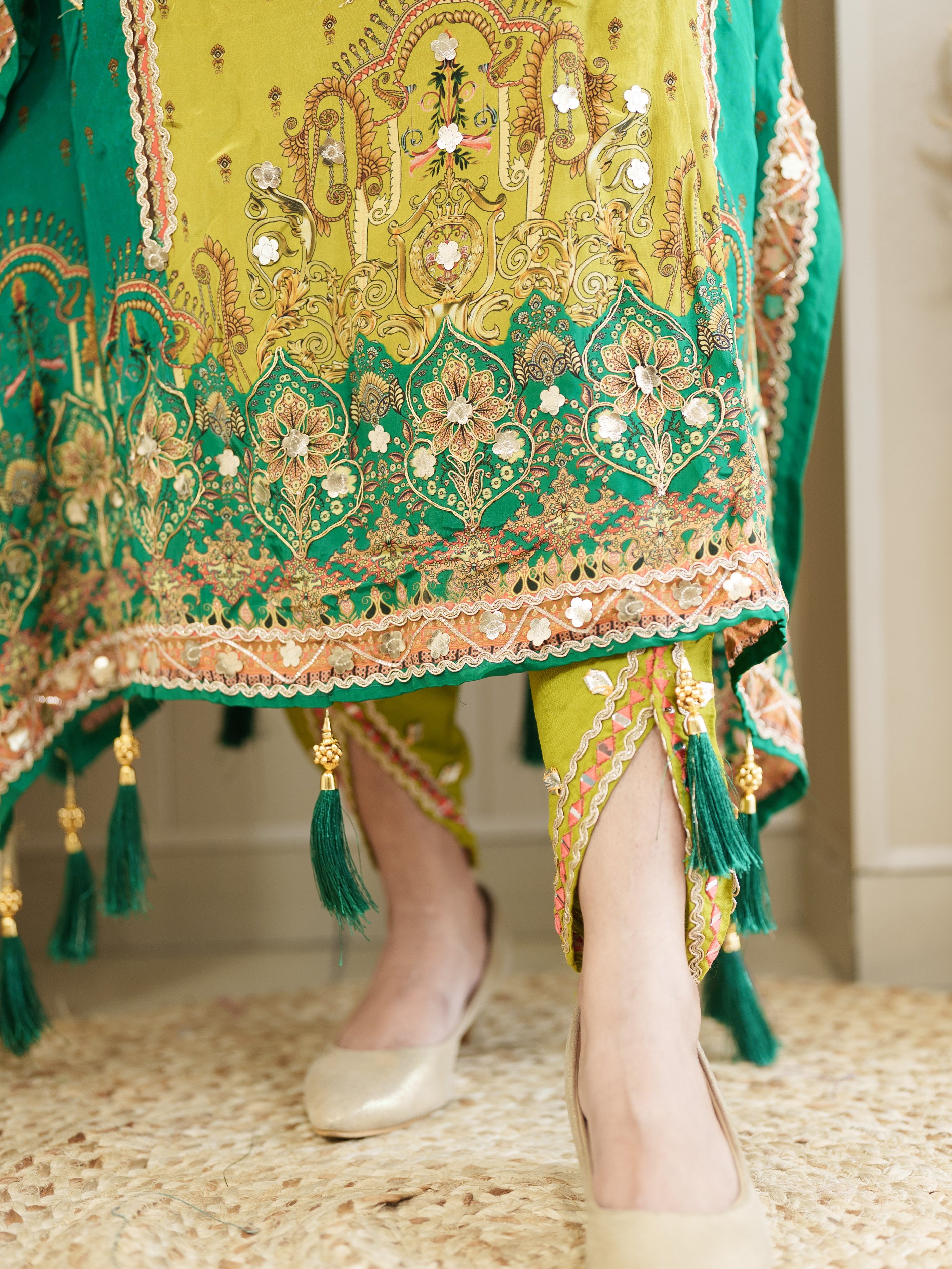 Lime Yellow & Green Embroidered Kaftan Set with Mirror Work – Festive & Party Wear