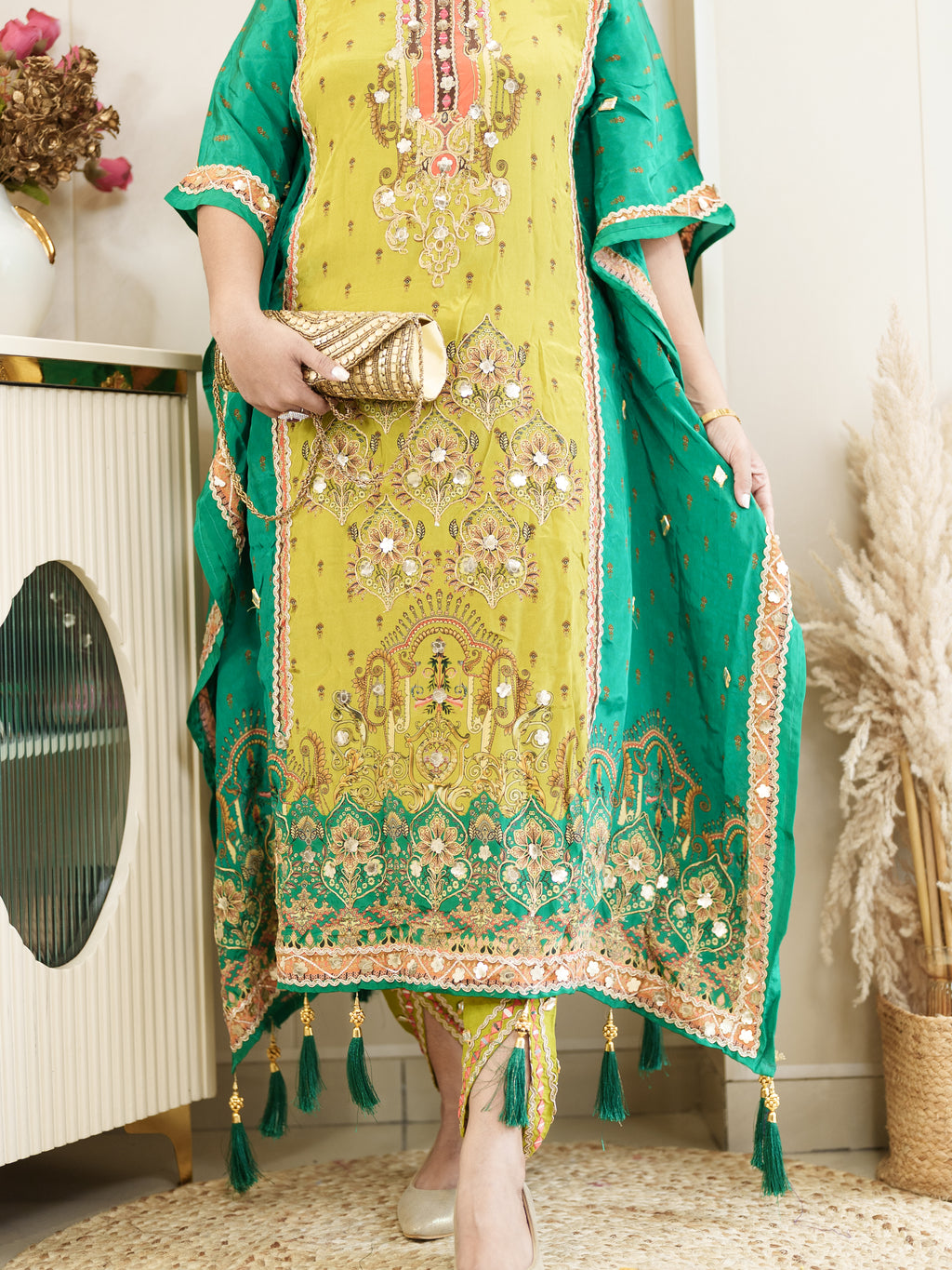 Lime Yellow & Green Embroidered Kaftan Set with Mirror Work – Festive & Party Wear