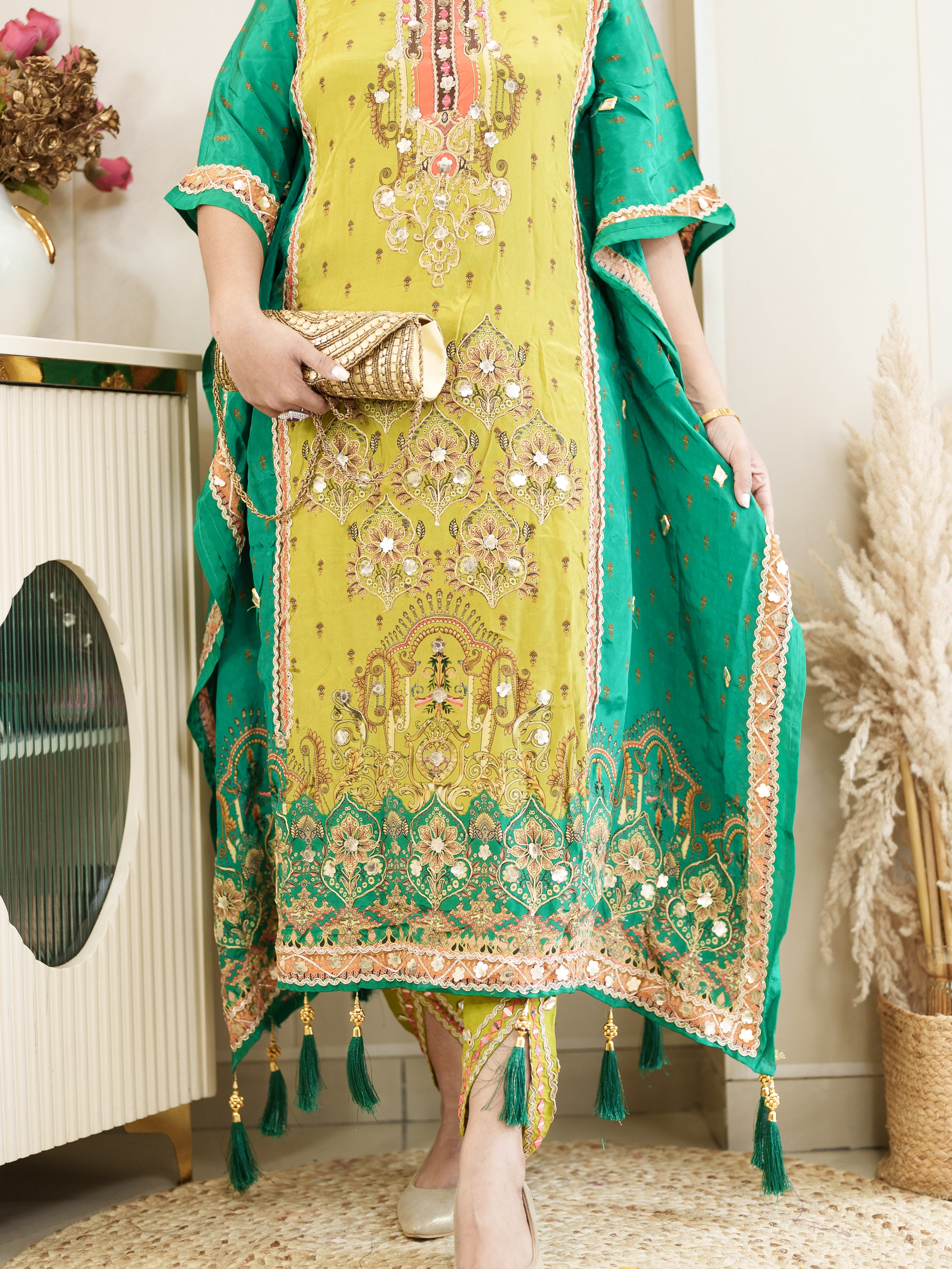 Lime Yellow & Green Embroidered Kaftan Set with Mirror Work – Festive & Party Wear