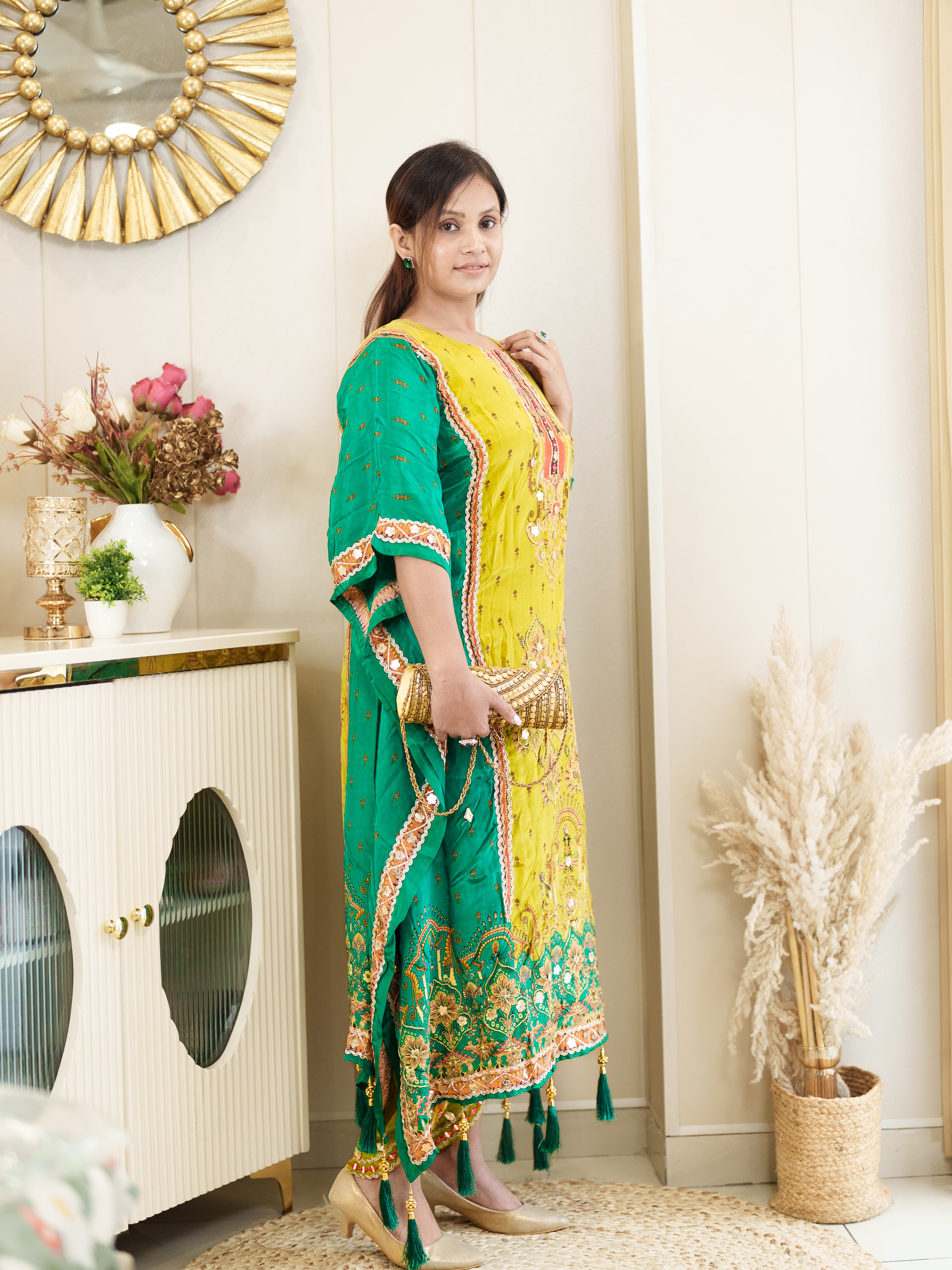 Lime Yellow & Green Embroidered Kaftan Set with Mirror Work – Festive & Party Wear