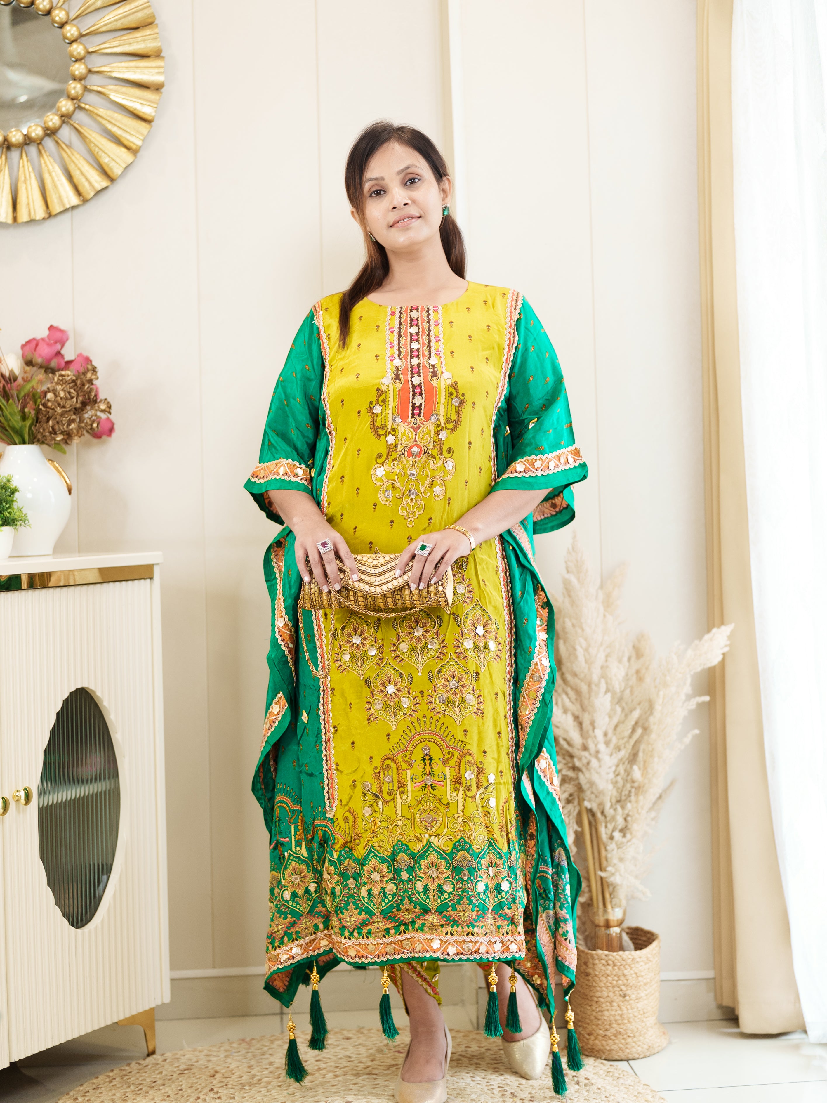 Lime Yellow & Green Embroidered Kaftan Set with Mirror Work – Festive & Party Wear