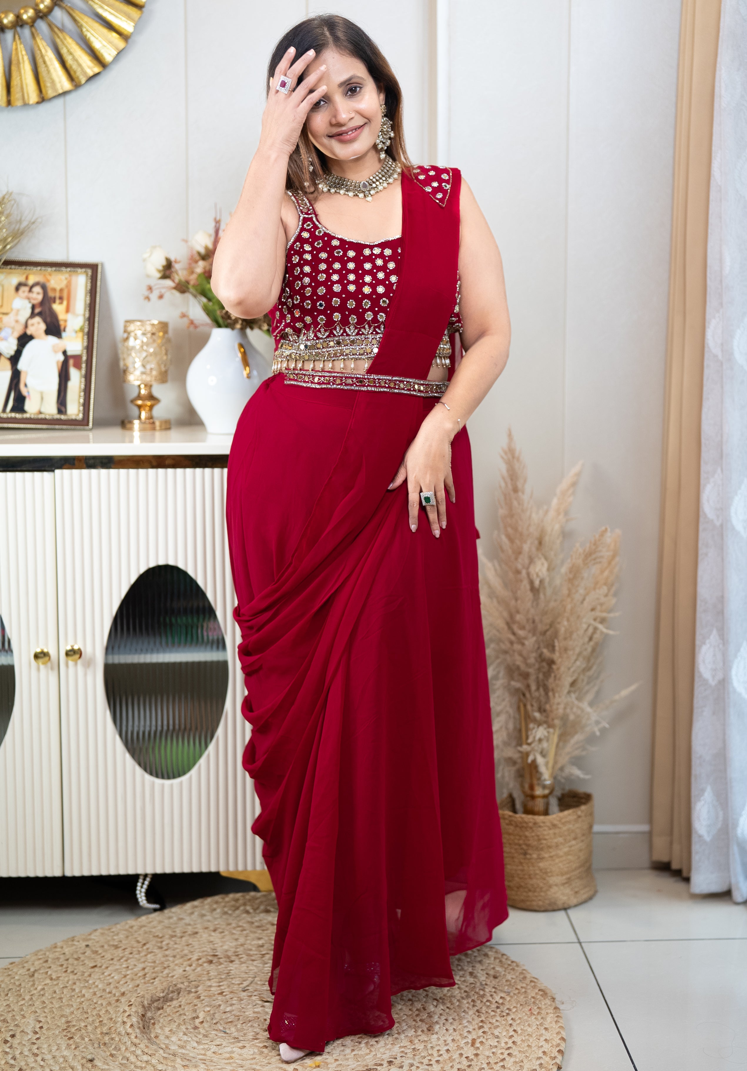 Ready-to-Wear Crimson Draped Saree Gown