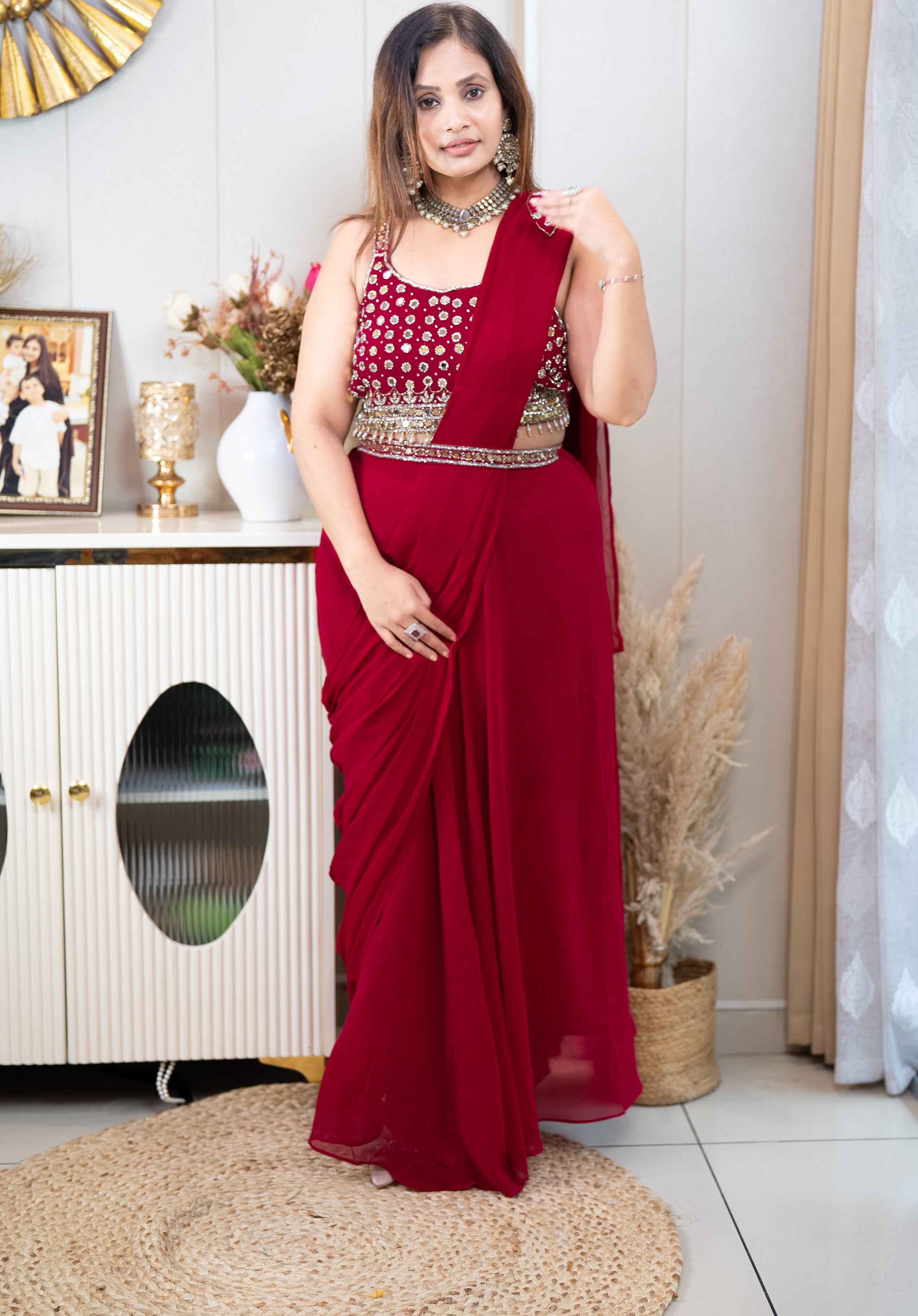 Ready-to-Wear Crimson Draped Saree Gown