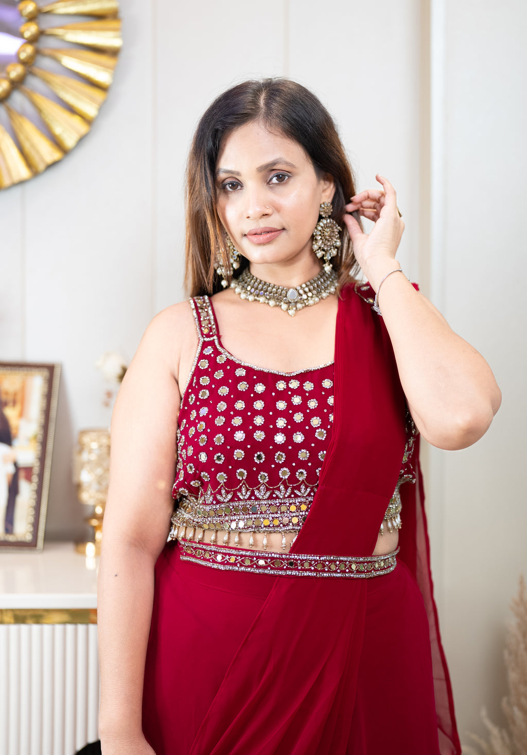 Ready-to-Wear Crimson Draped Saree Gown