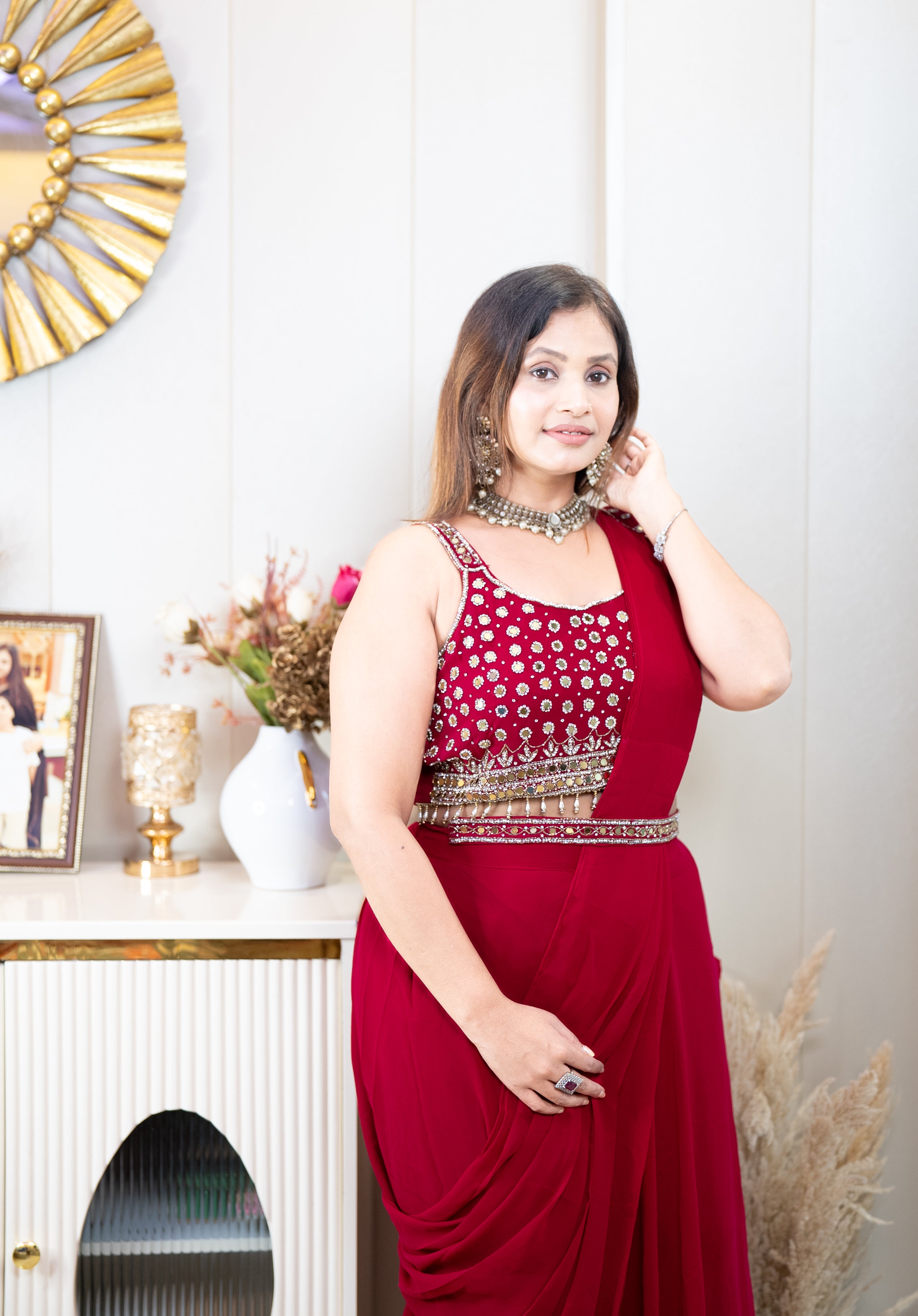 Ready-to-Wear Crimson Draped Saree Gown