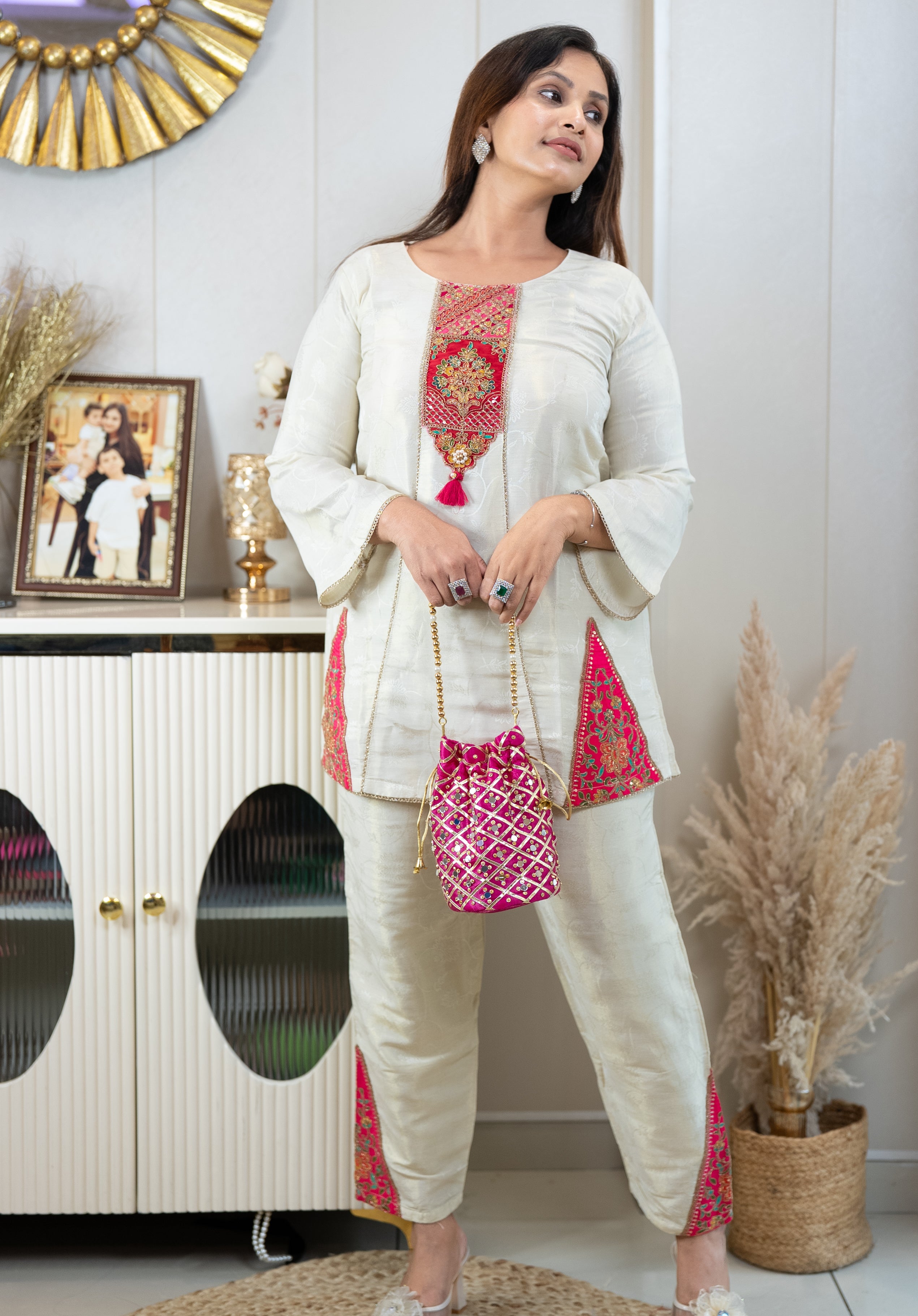Ivory Kanika Silk Suit Set with Potli
