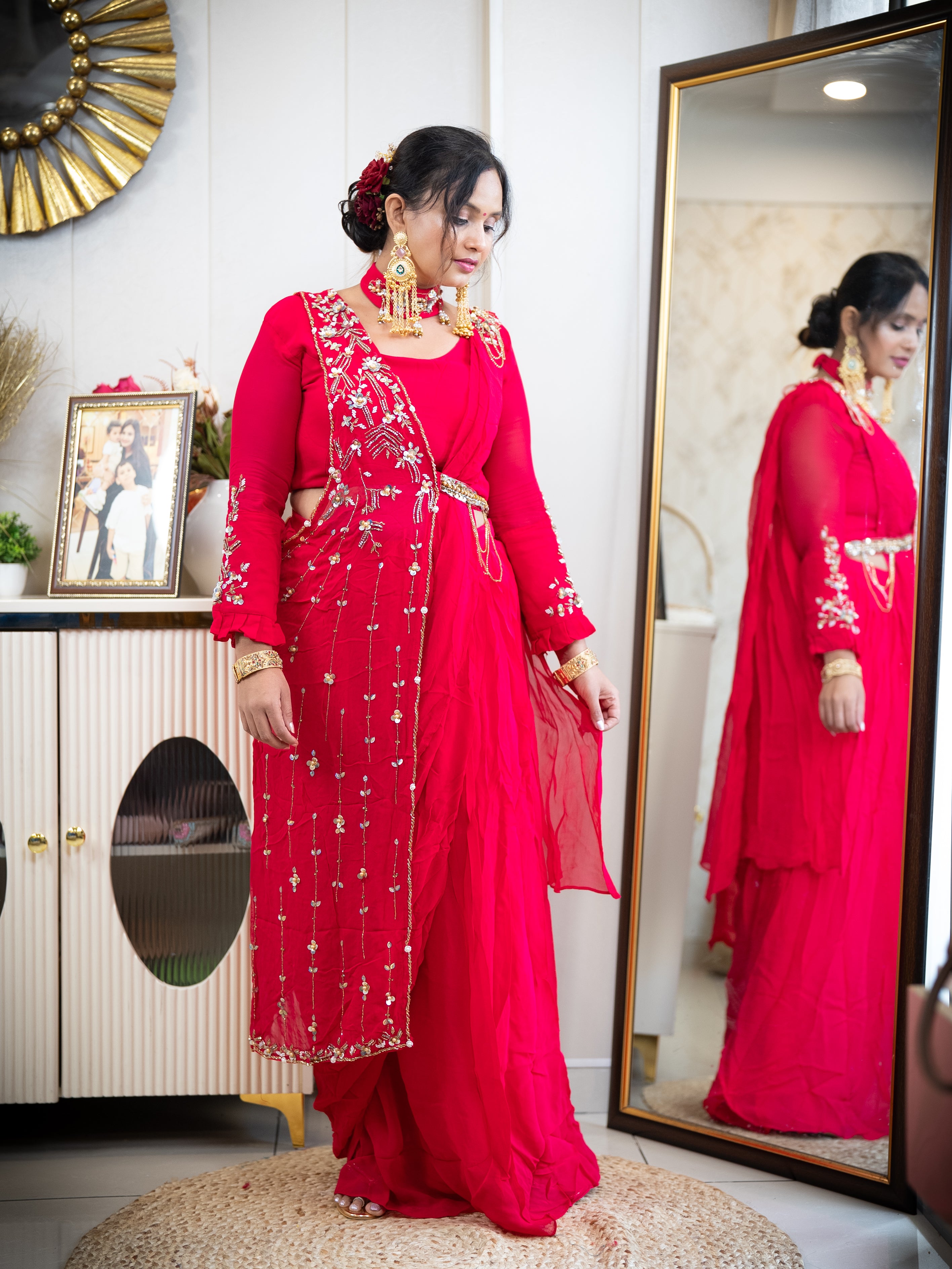 Pink Draped Saree with Embroidered Blouse