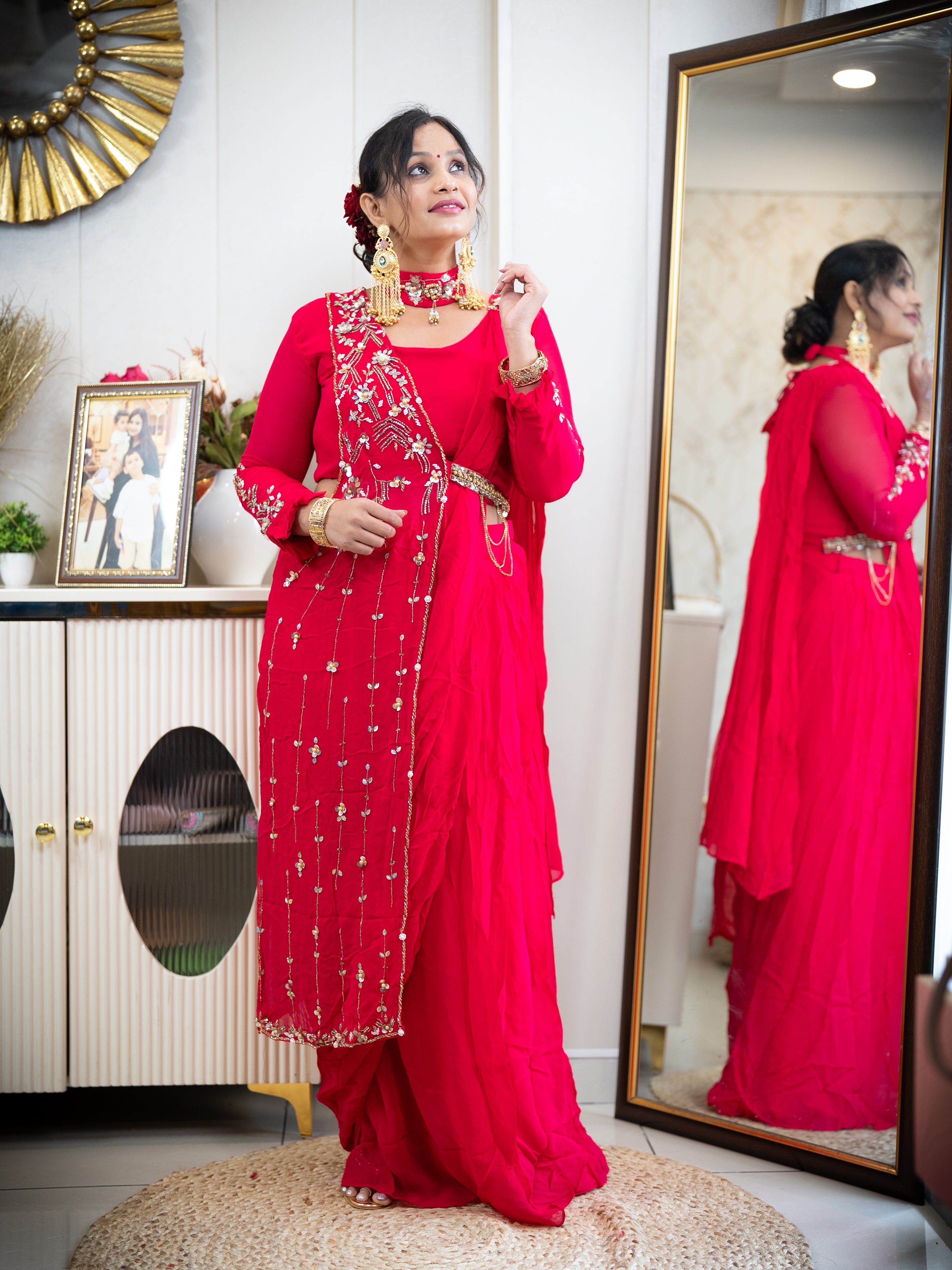 Pink Draped Saree with Embroidered Blouse