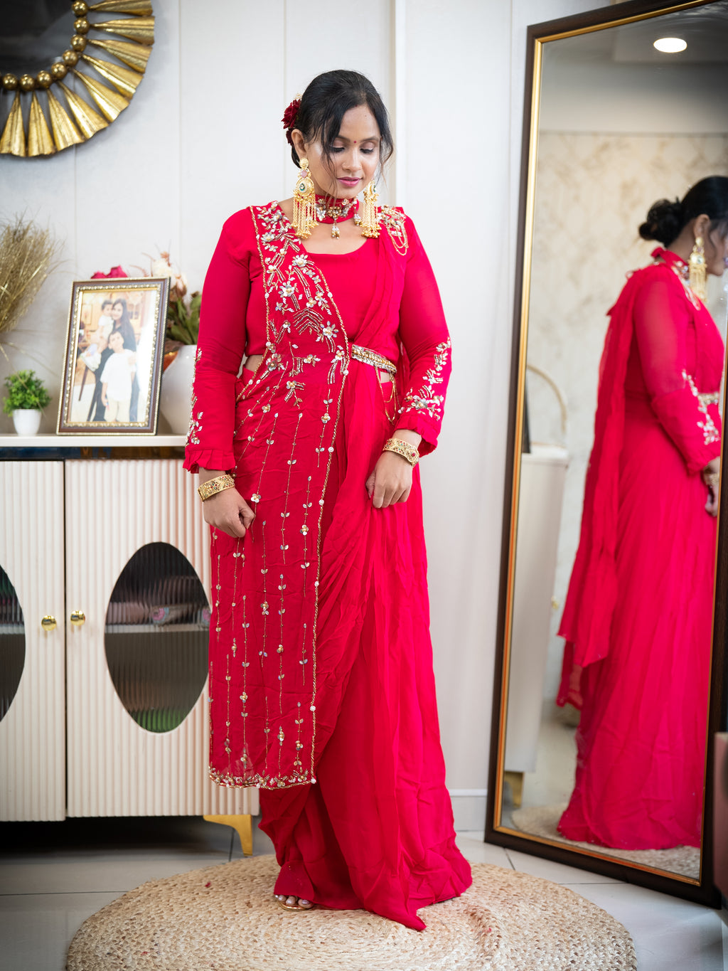 Pink Draped Saree with Embroidered Blouse