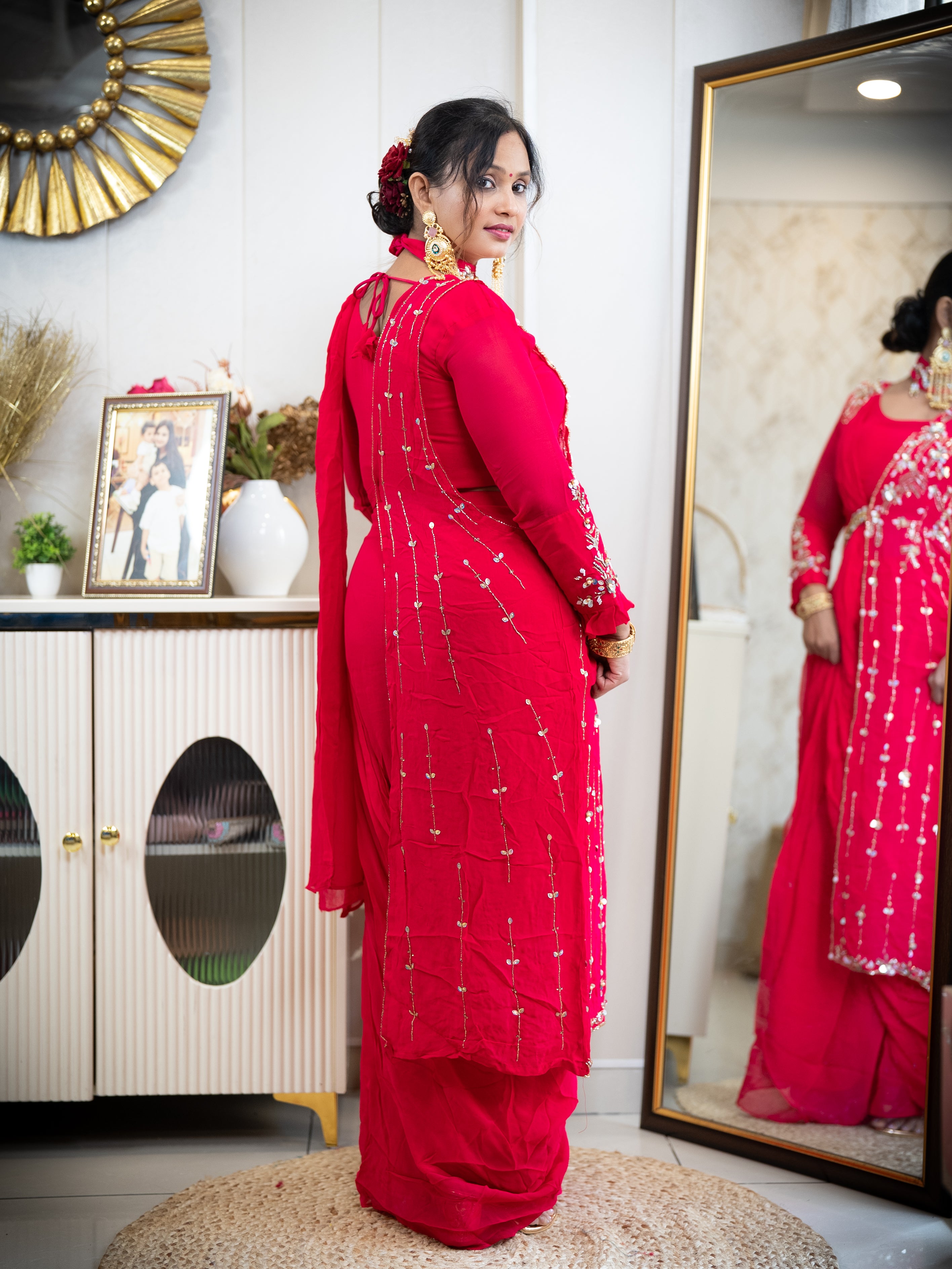 Pink Draped Saree with Embroidered Blouse