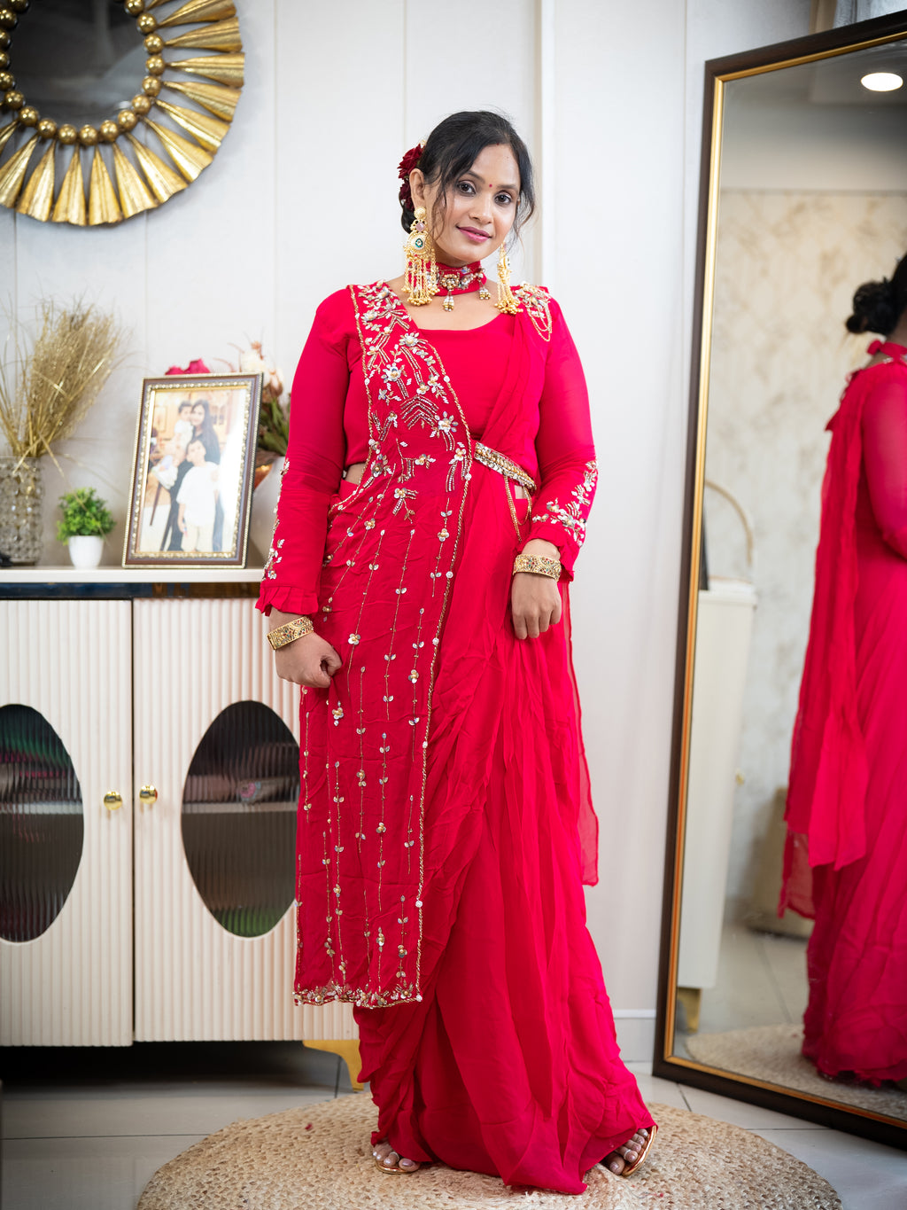 Pink Draped Saree with Embroidered Blouse