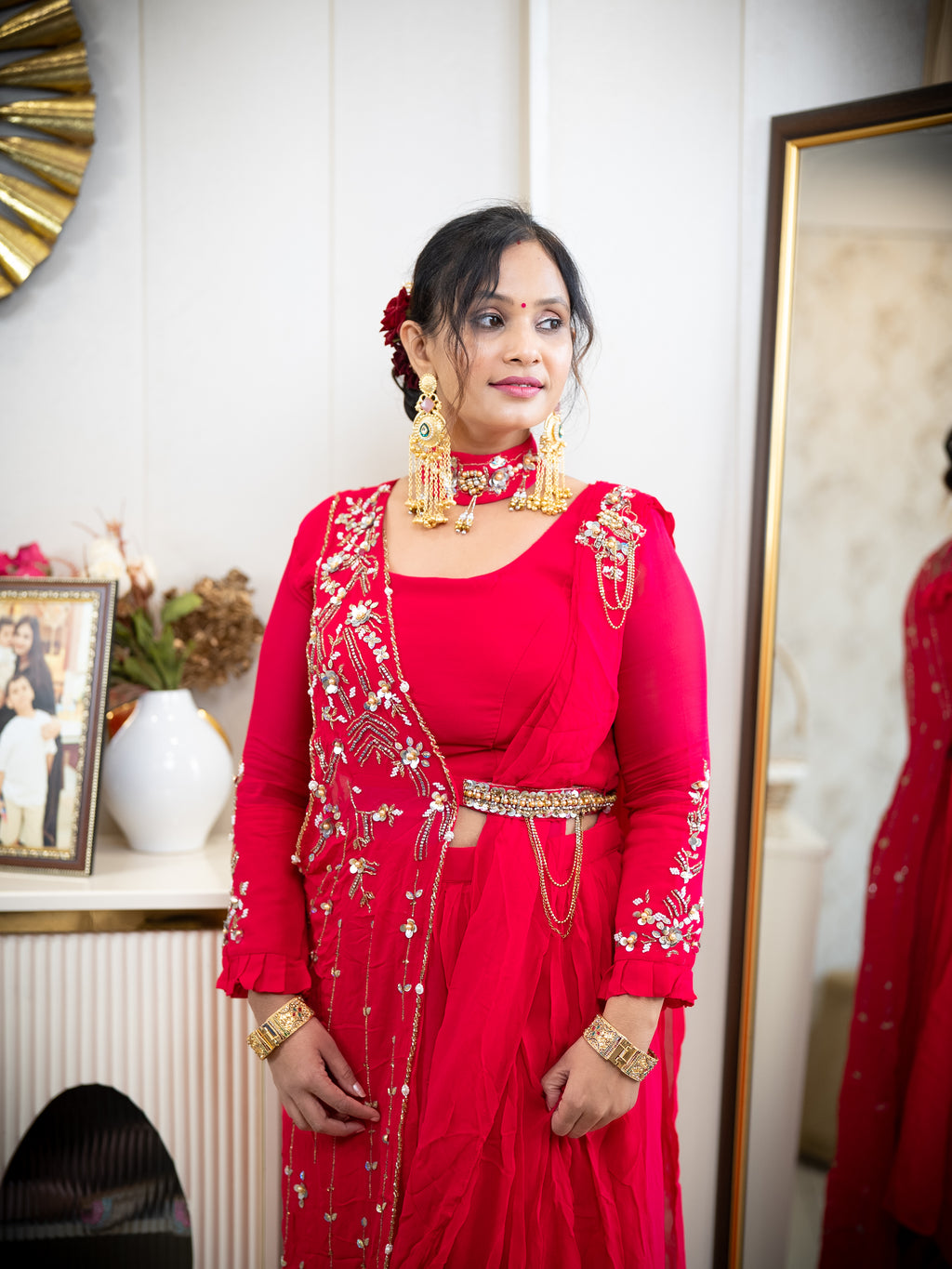 Pink Draped Saree with Embroidered Blouse