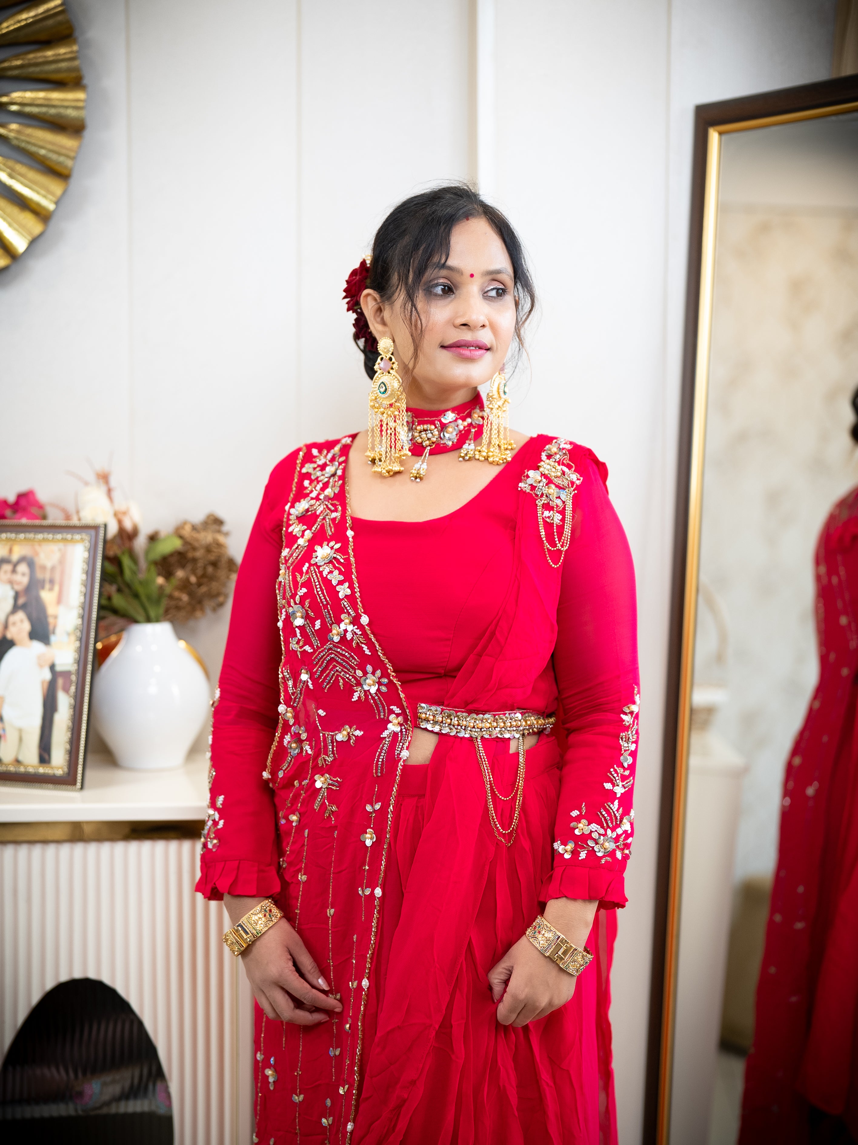 Pink Draped Saree with Embroidered Blouse