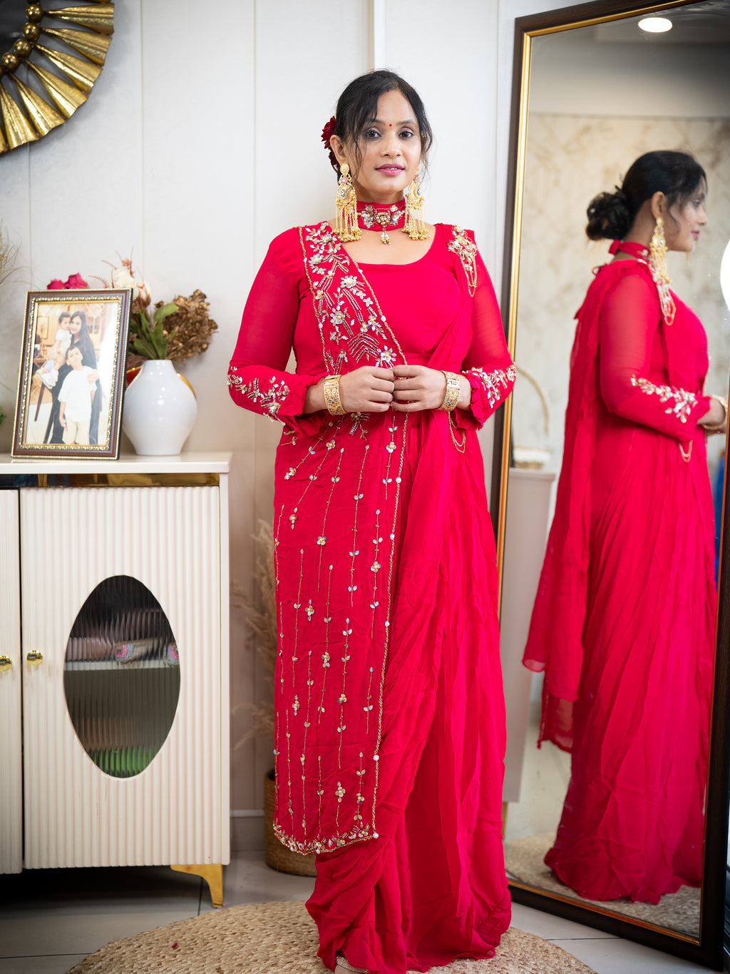 Pink Draped Saree with Embroidered Blouse