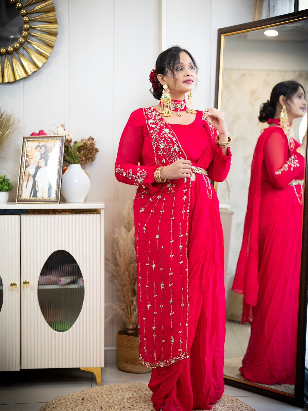 Pink Draped Saree with Embroidered Blouse