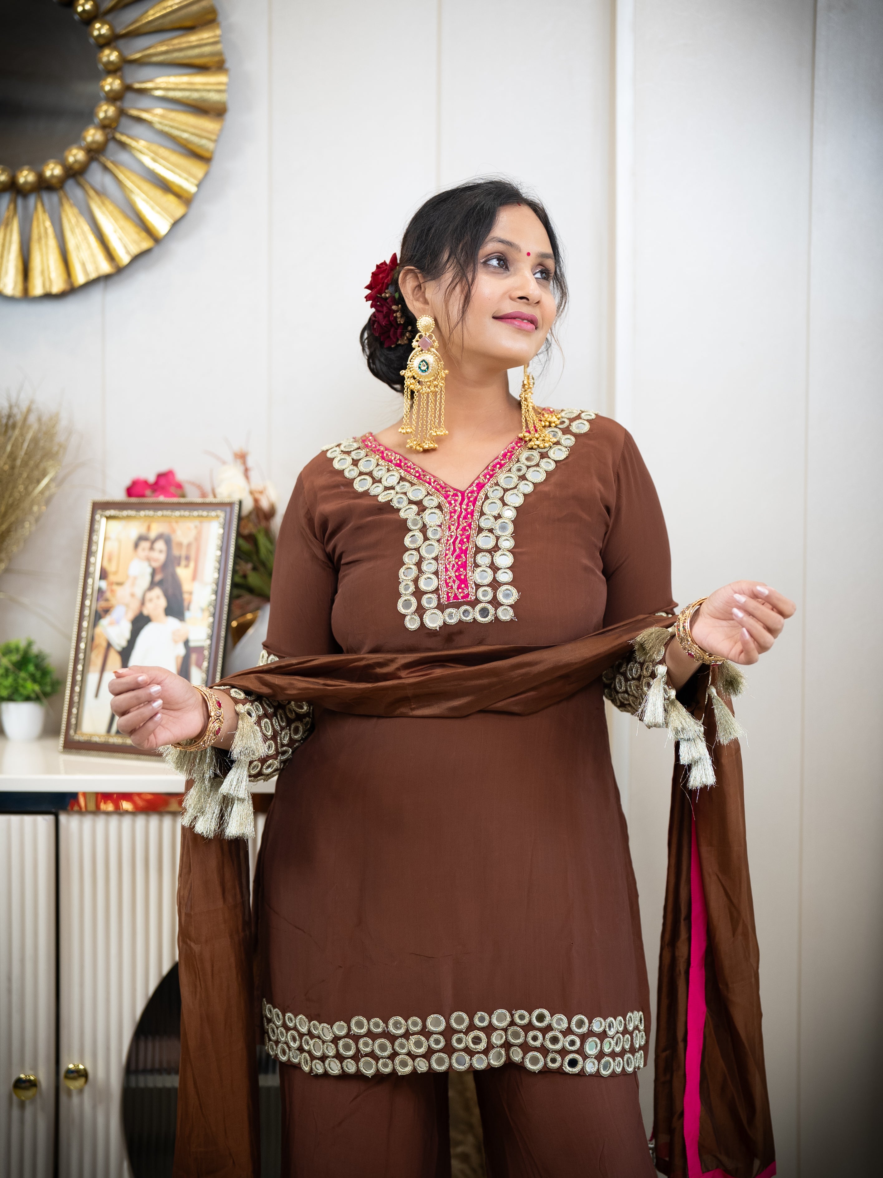 Brown Pakistani Suit with Mirror Work and Tassels