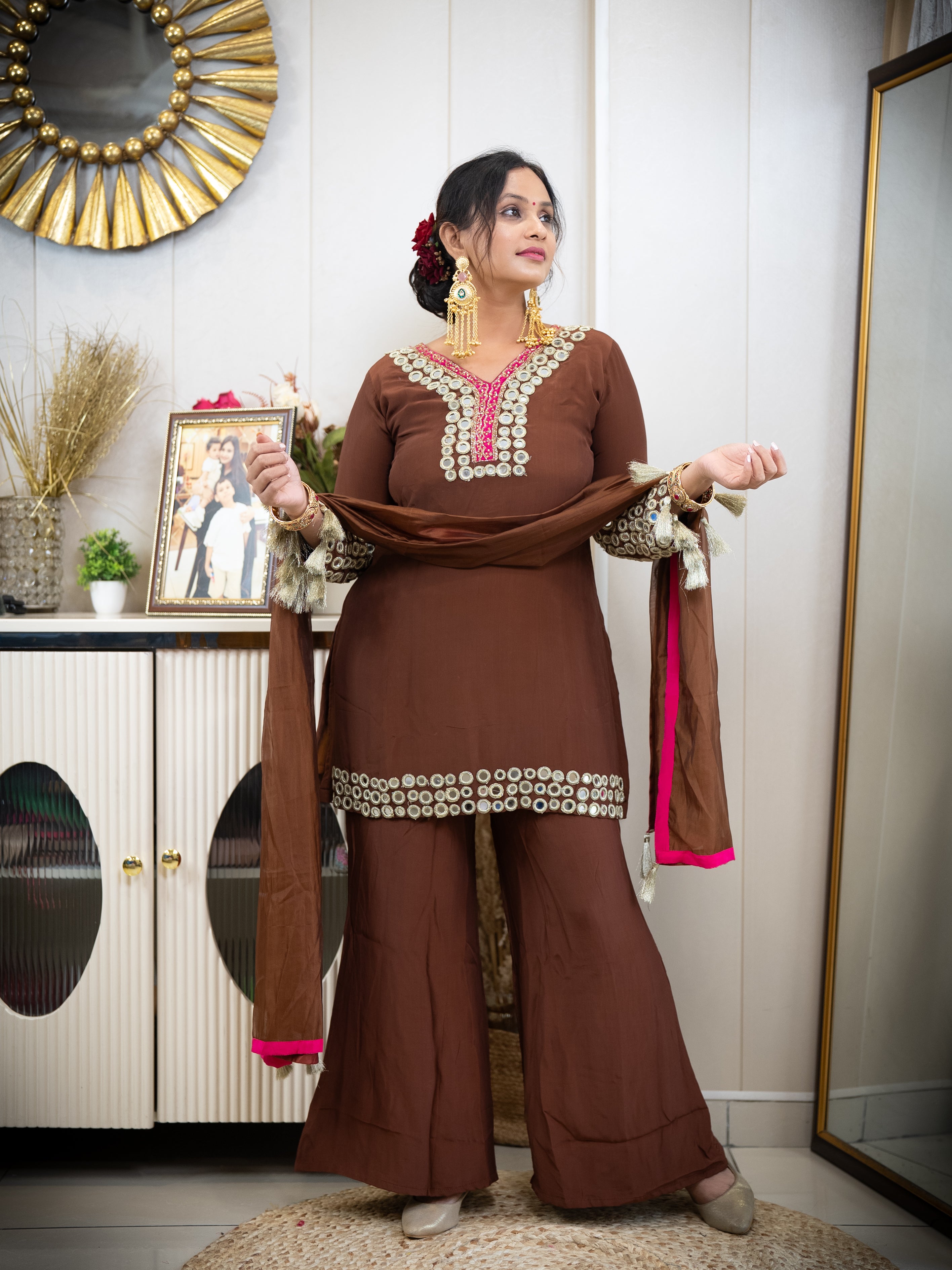 Brown Pakistani Suit with Mirror Work and Tassels