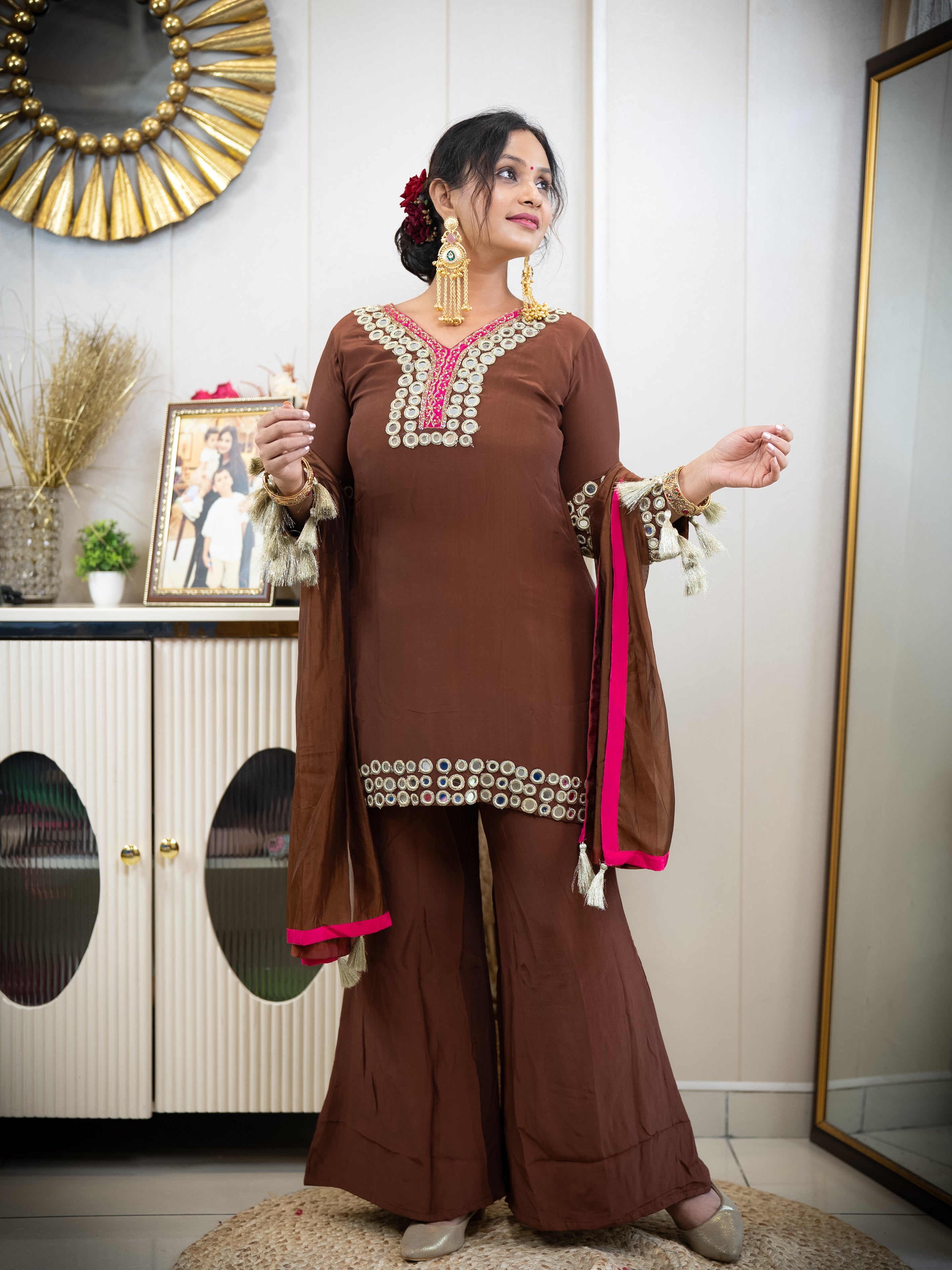 Brown Pakistani Suit with Mirror Work and Tassels