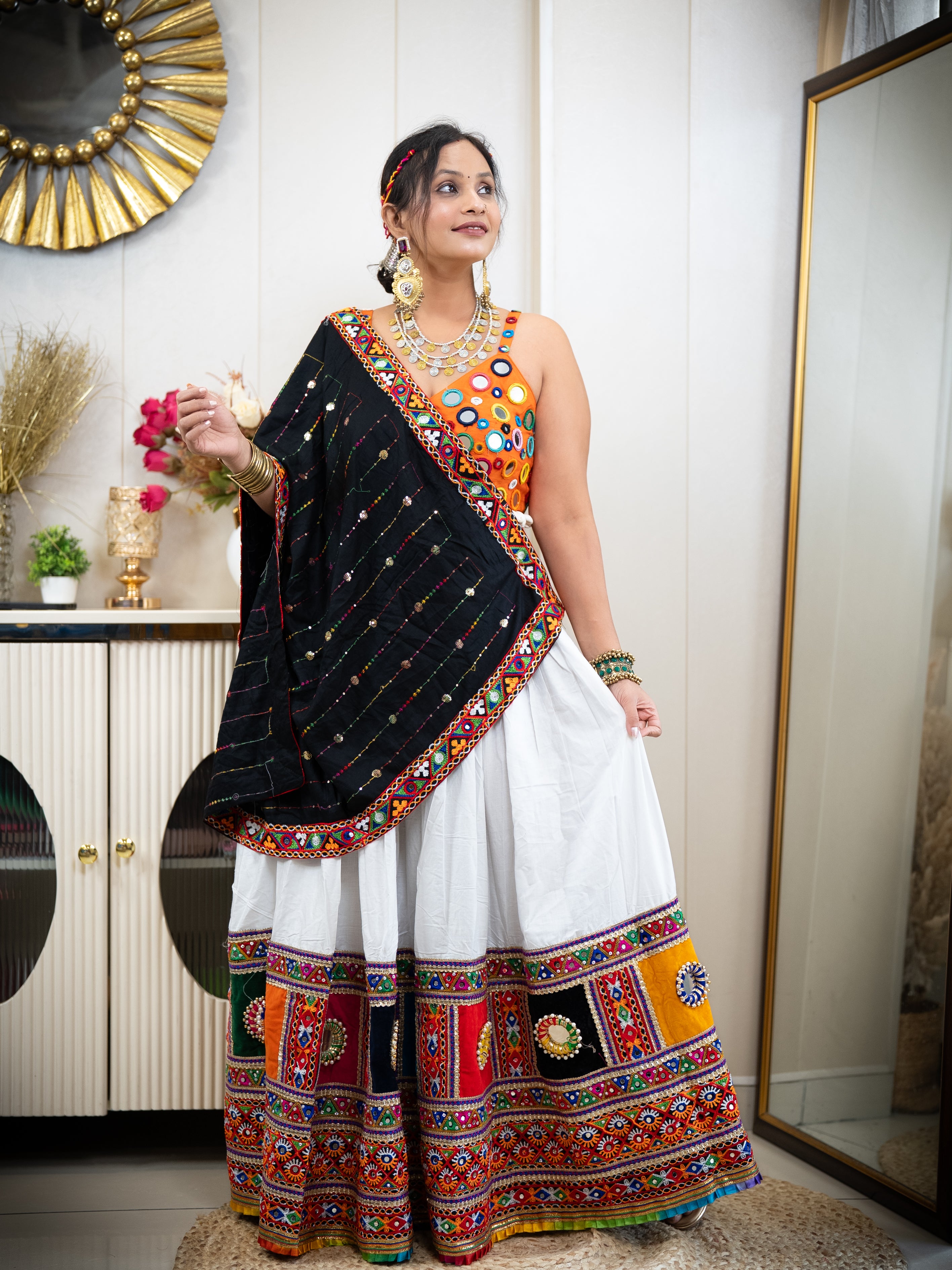 Authentic Gujarati Chaniya Choli for Navratri & Dandiya | Multicolor Mirror Work